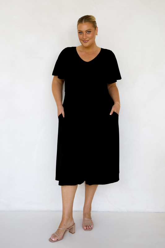SIENA Bamboo Short Sleeve Classic/Midi Dress | Black | FINAL SALE