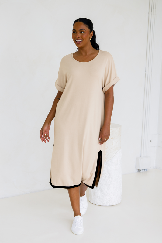 GIGI Lounge Short Sleeve Classic/Midi Dress | Portobello Beige