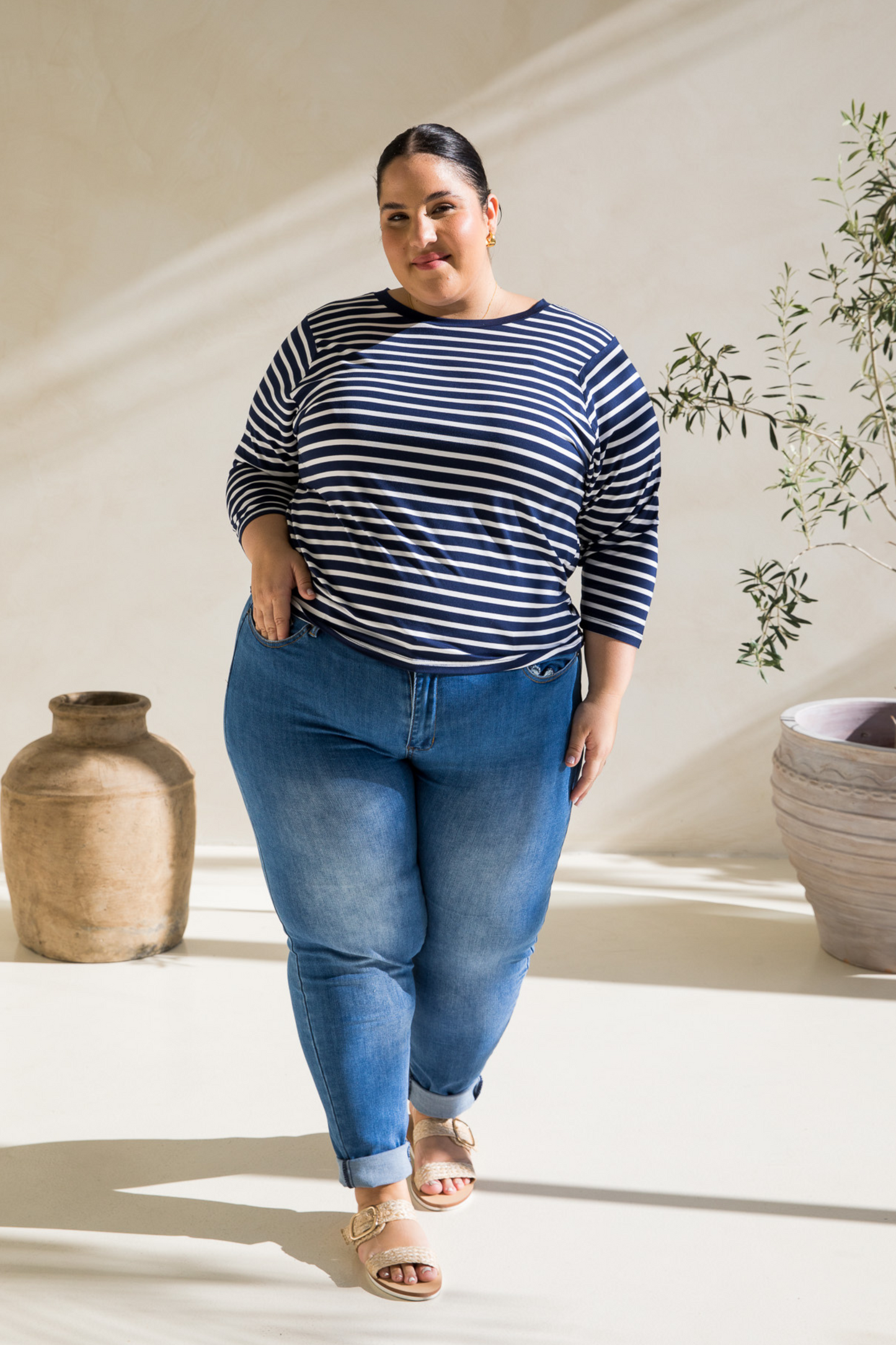 Long Sleeve Hi Low Kiana Top | Navy/White Stripe | FINAL SALE