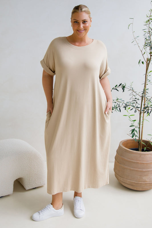 ALTHEA Lounge Short Sleeve Midi Dress | Portobello Beige