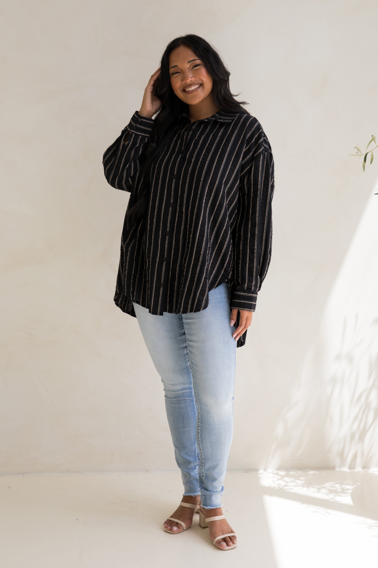 Amore Shirt in Black and Beige Stripe