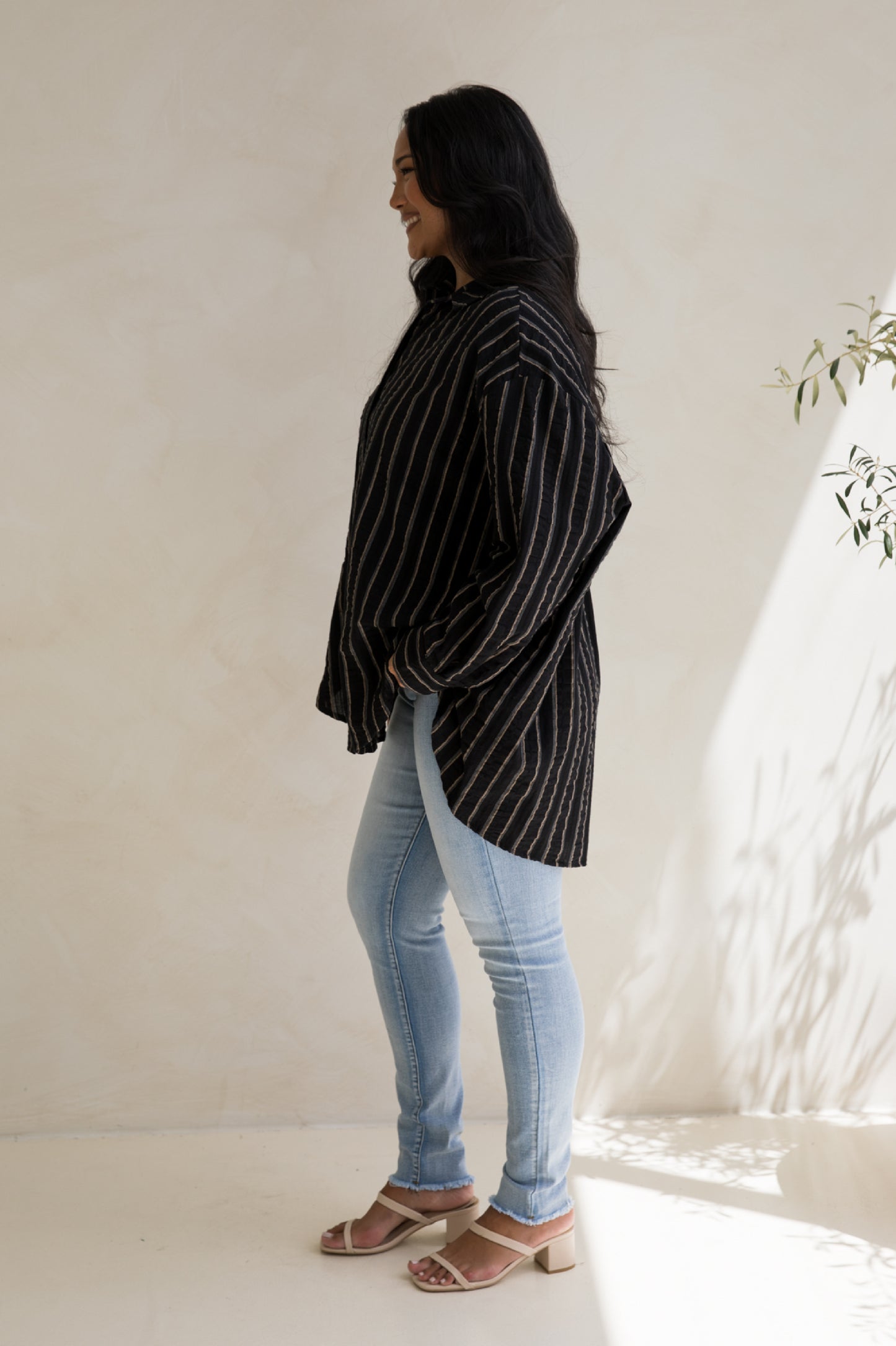 Amore Shirt in Black and Beige Stripe
