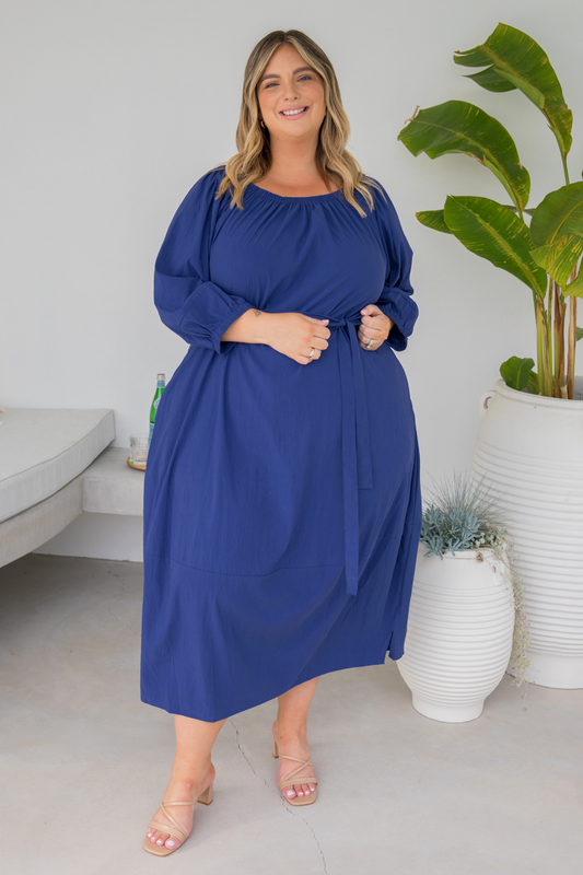 AVA Crepe Long Sleeve Classic/Midi Dress | Pacific | FINAL SALE