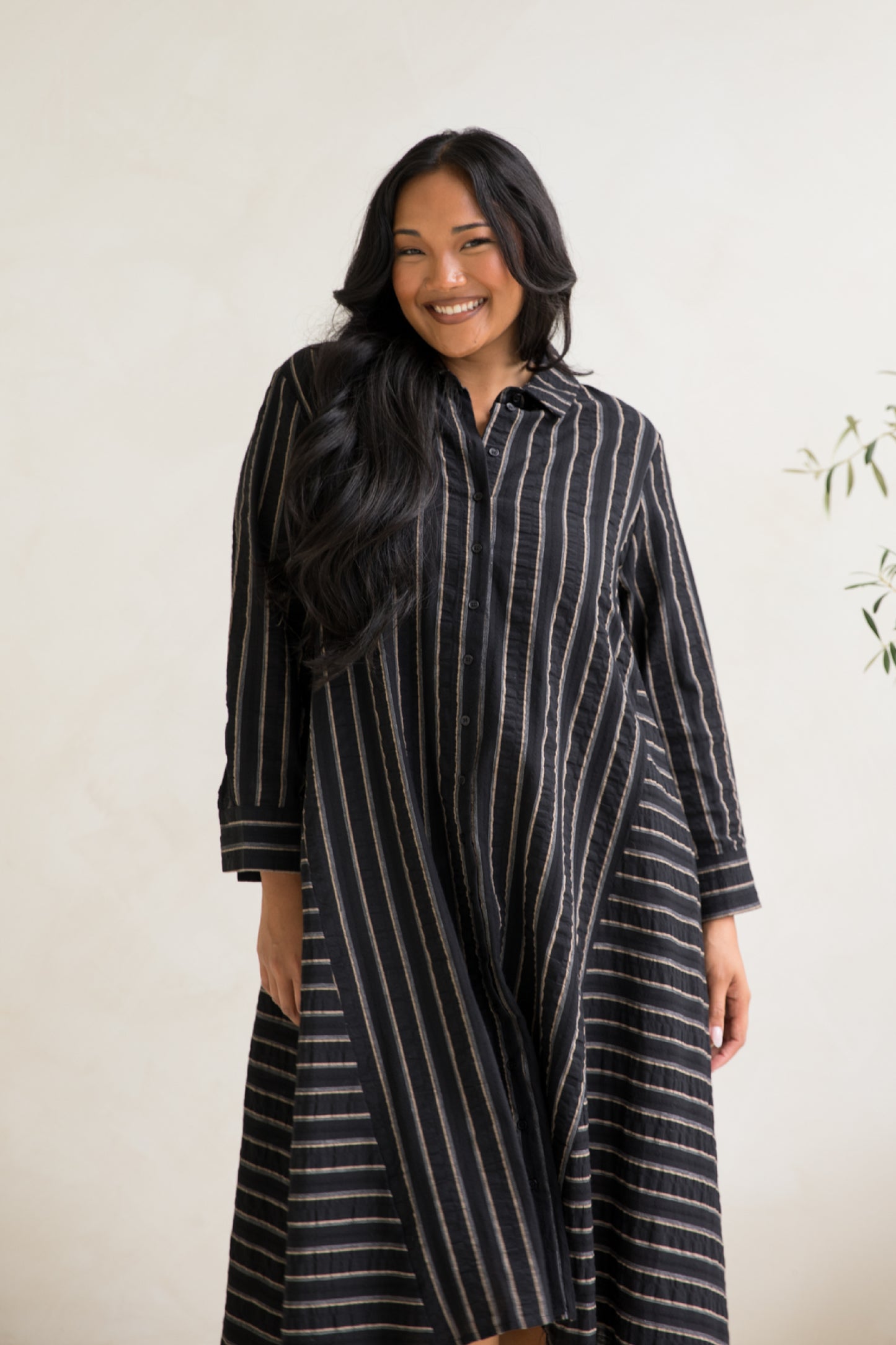Cadillia Dress in Black and Beige Stripe