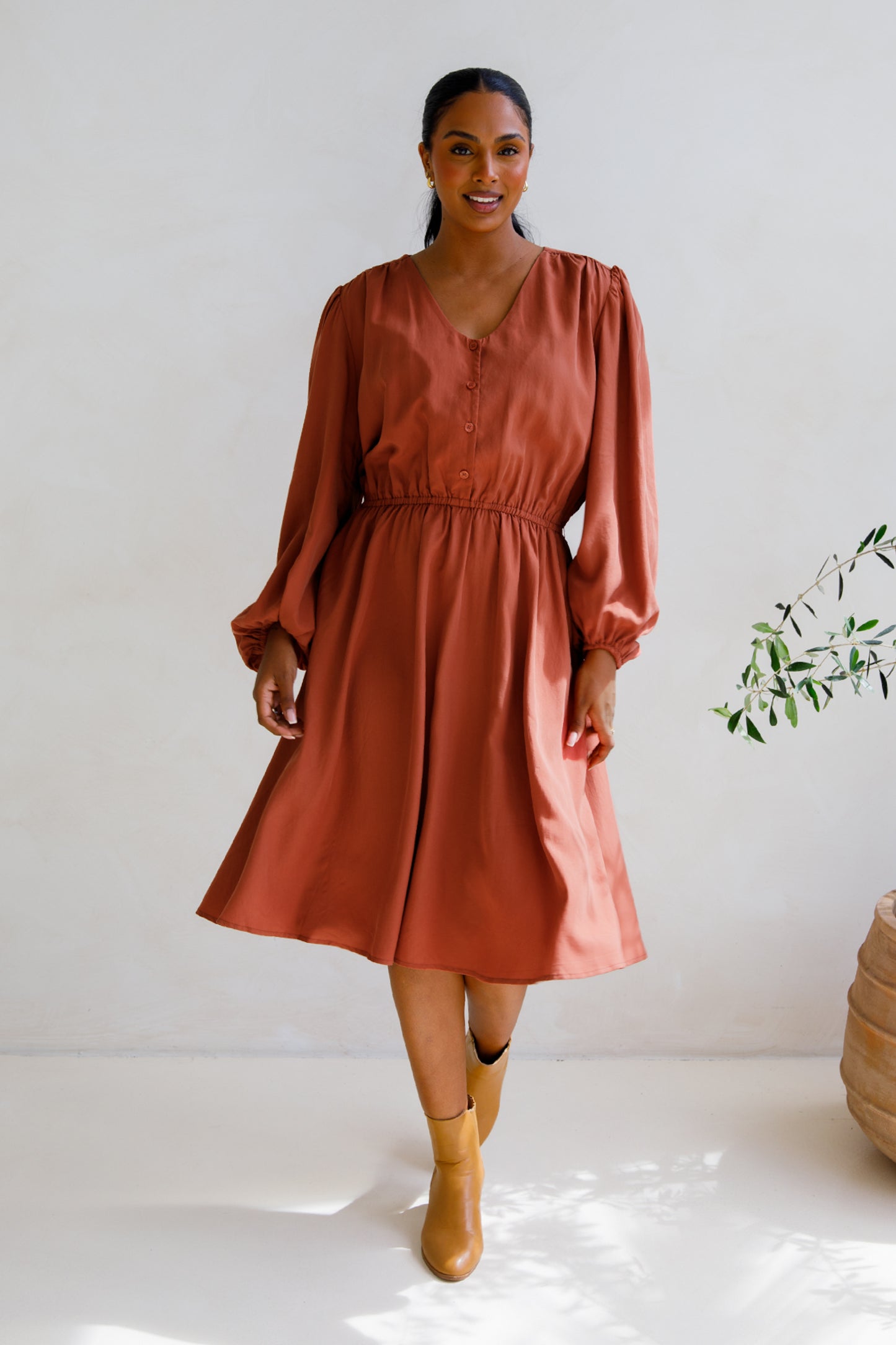 DAHLIA Tencel Long Sleeve Midi Dress | Auburn | FINAL SALE
