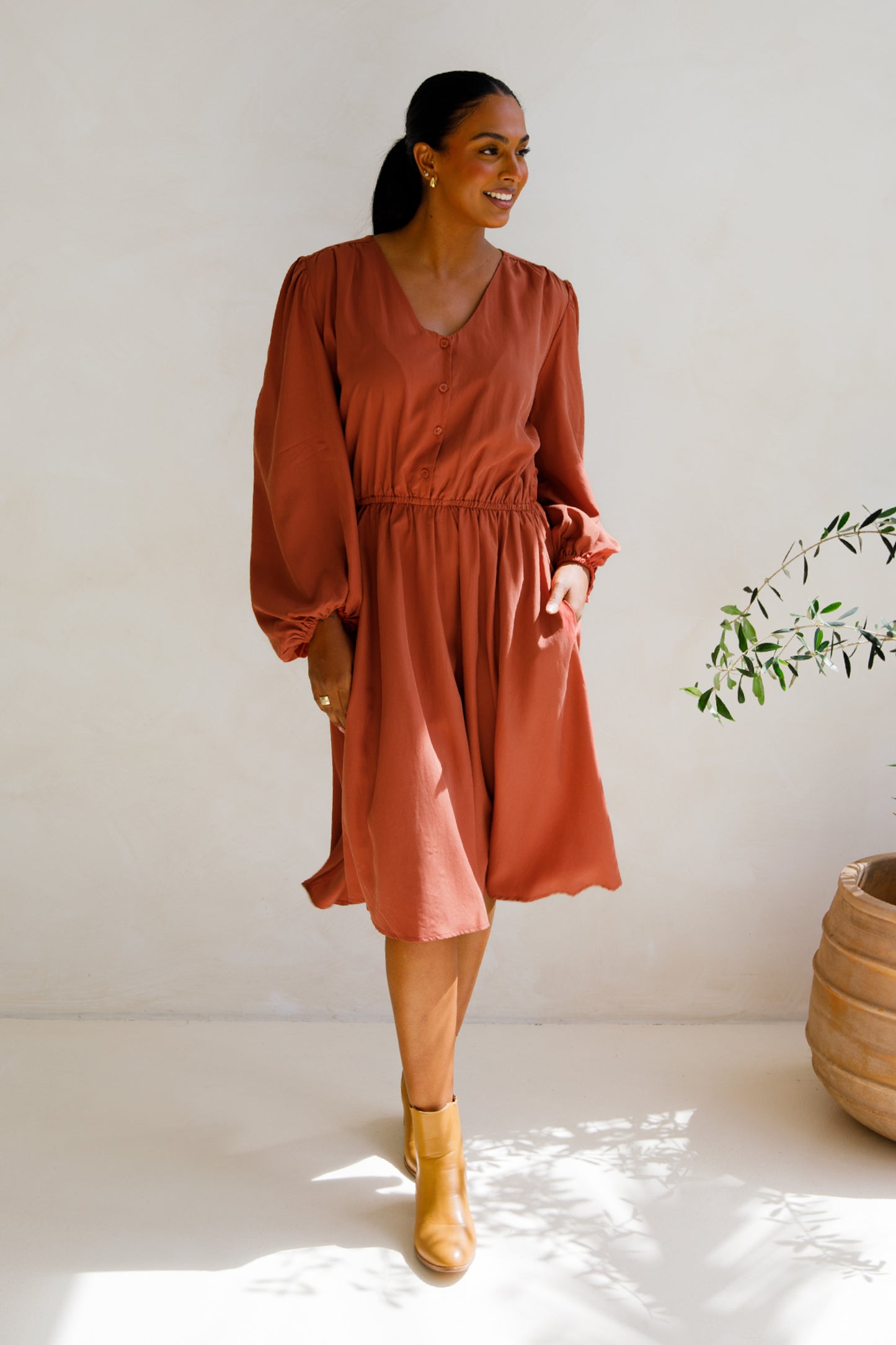 DAHLIA Tencel Long Sleeve Midi Dress | Auburn | FINAL SALE