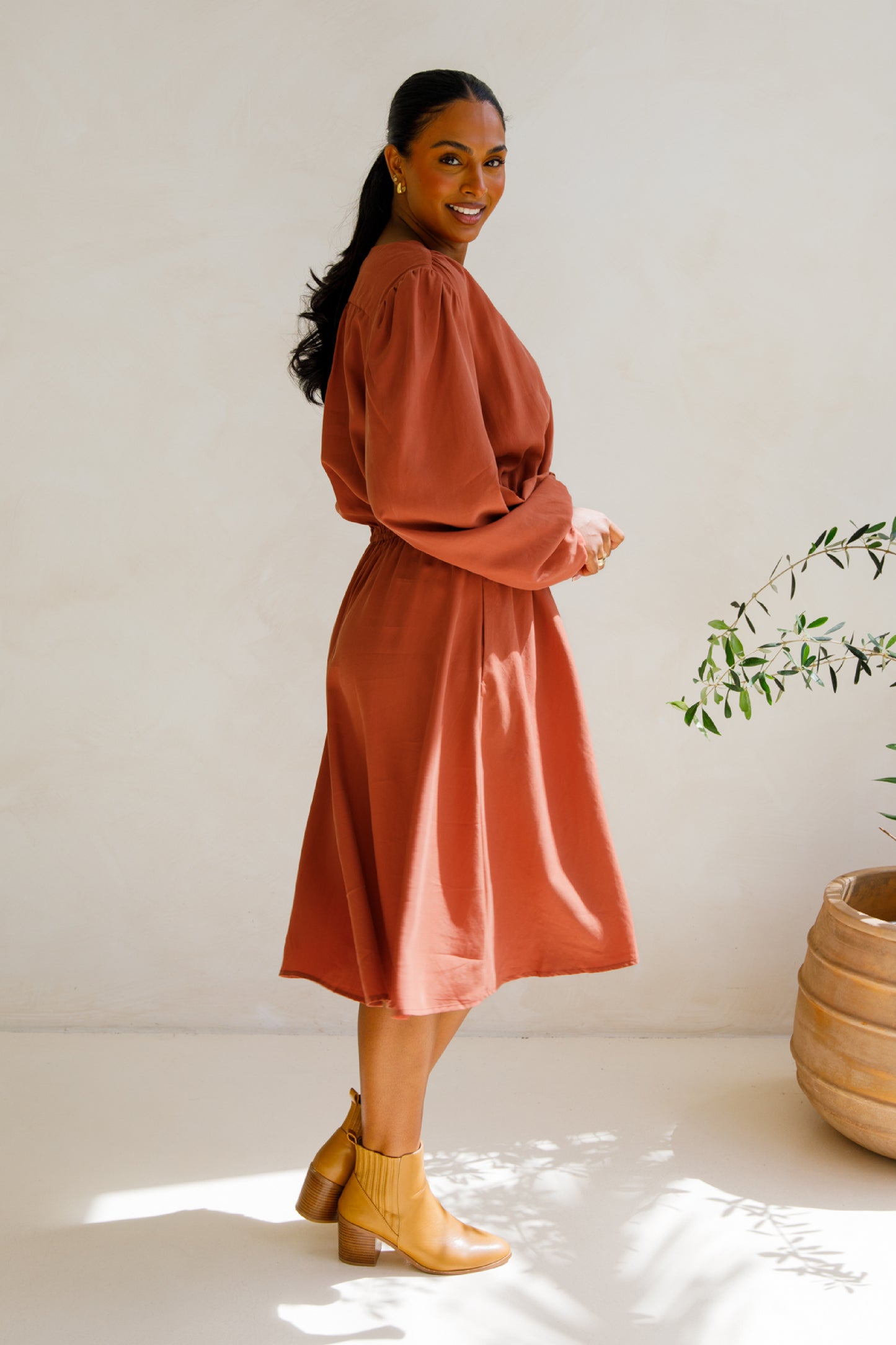 DAHLIA Tencel Long Sleeve Midi Dress | Auburn | FINAL SALE