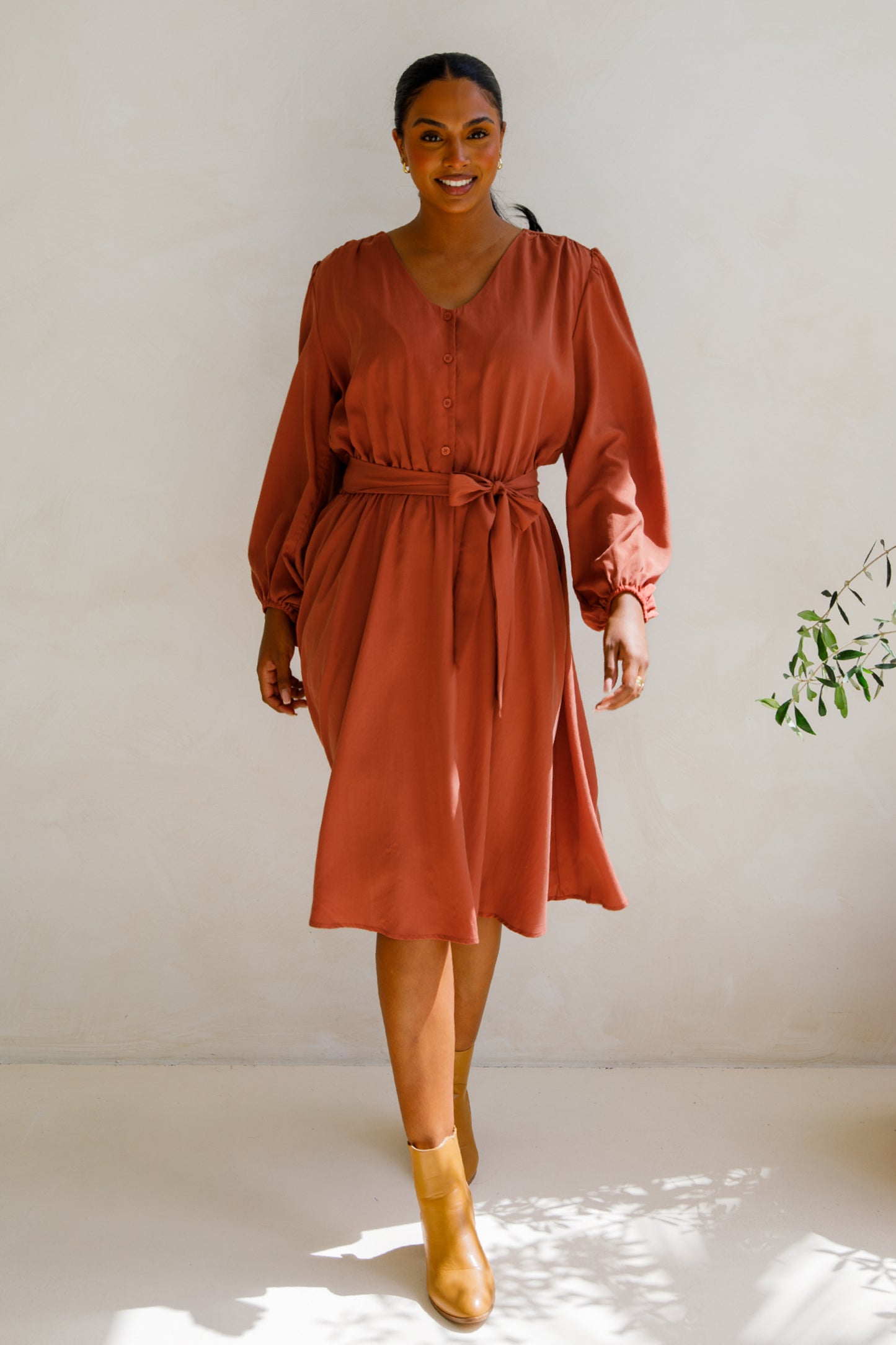 DAHLIA Tencel Long Sleeve Midi Dress | Auburn | FINAL SALE