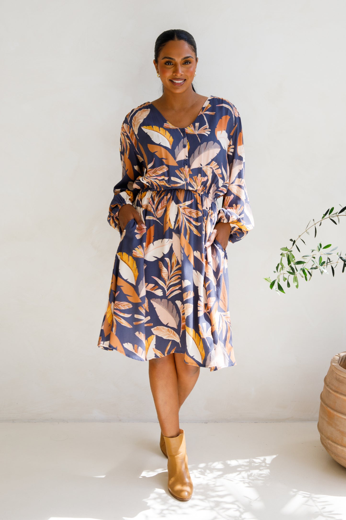 DAHLIA Rayon Long Sleeve Midi Dress | Dark Palmetto | FINAL SALE