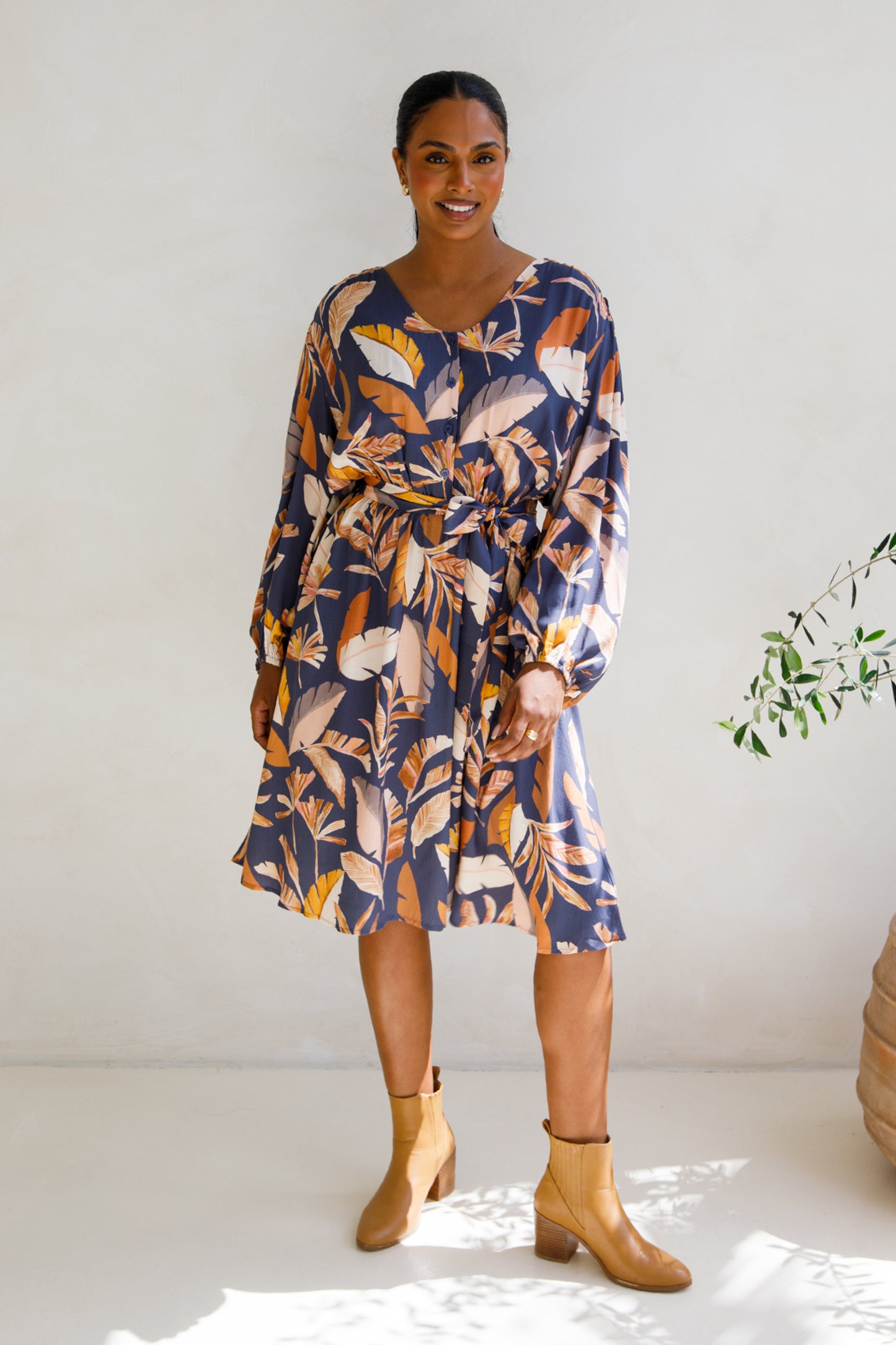 DAHLIA Rayon Long Sleeve Midi Dress | Dark Palmetto | FINAL SALE