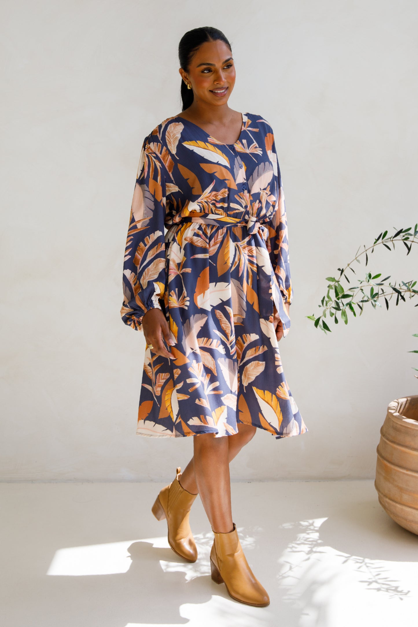 DAHLIA Rayon Long Sleeve Midi Dress | Dark Palmetto | FINAL SALE