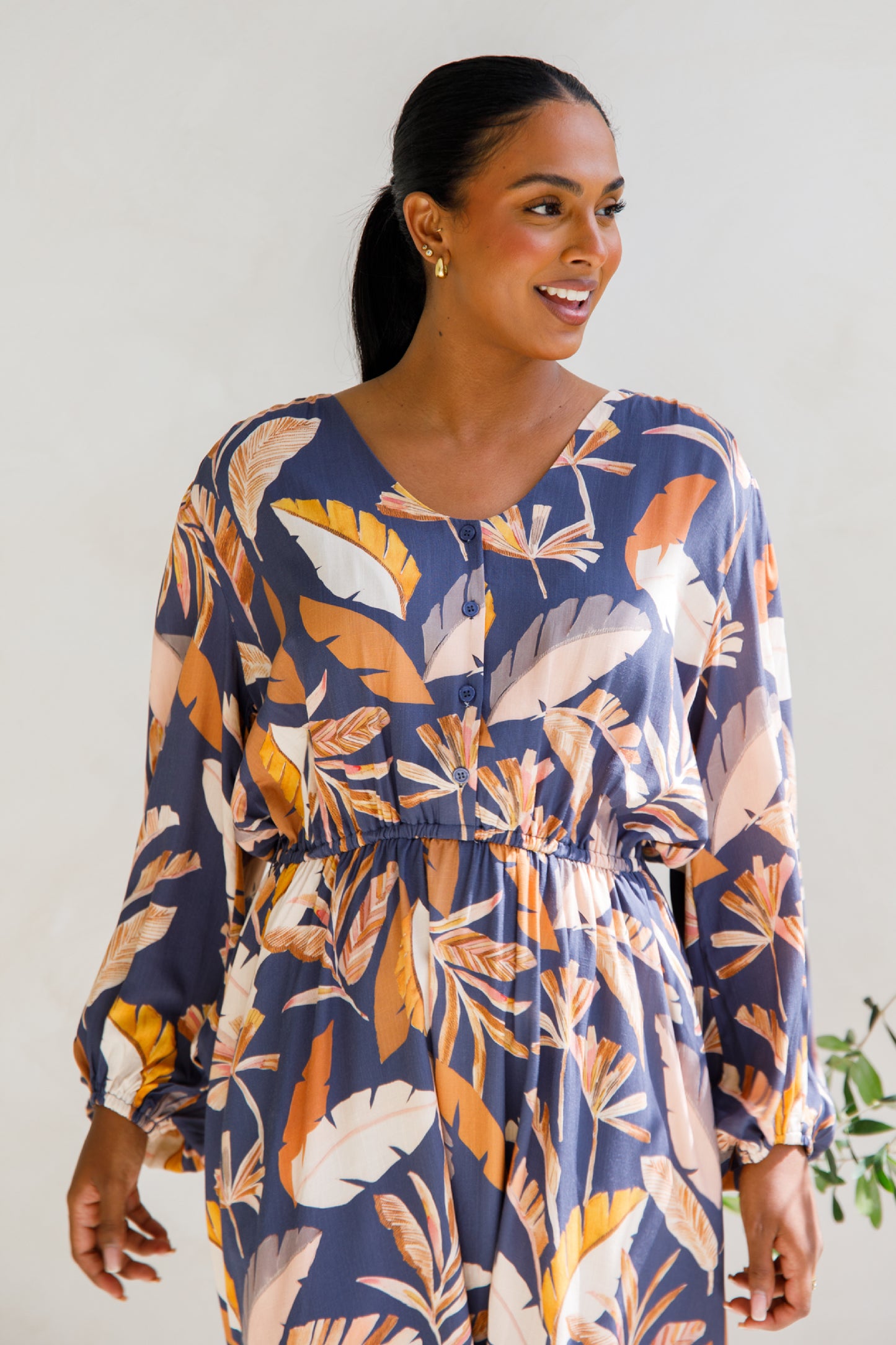 DAHLIA Rayon Long Sleeve Midi Dress | Dark Palmetto | FINAL SALE