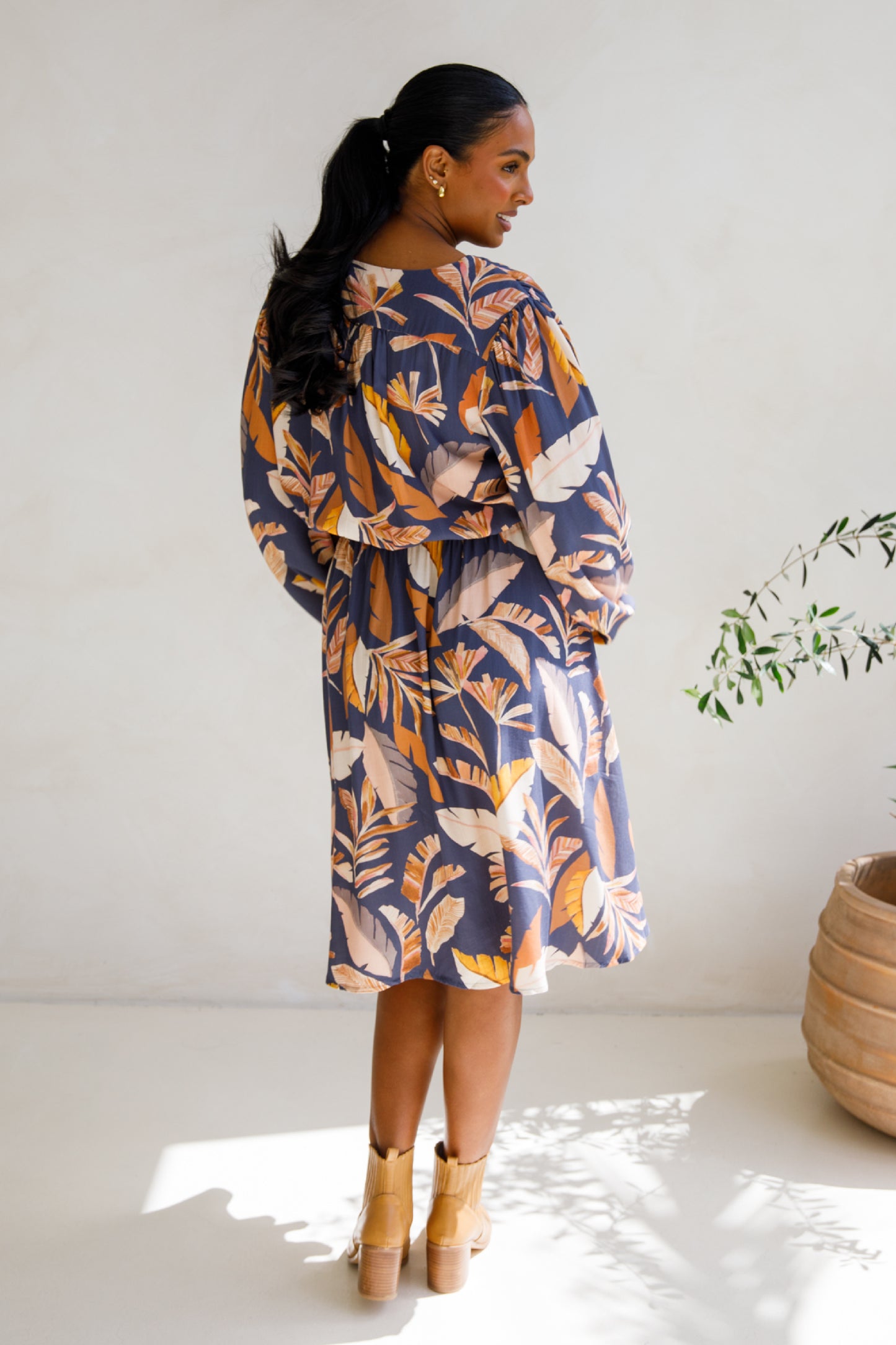 DAHLIA Rayon Long Sleeve Midi Dress | Dark Palmetto | FINAL SALE