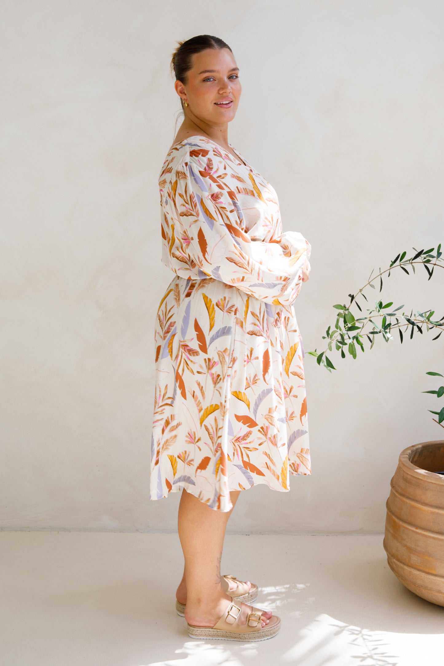 DAHLIA Rayon Long Sleeve Midi Dress | Light Palmetto | FINAL SALE