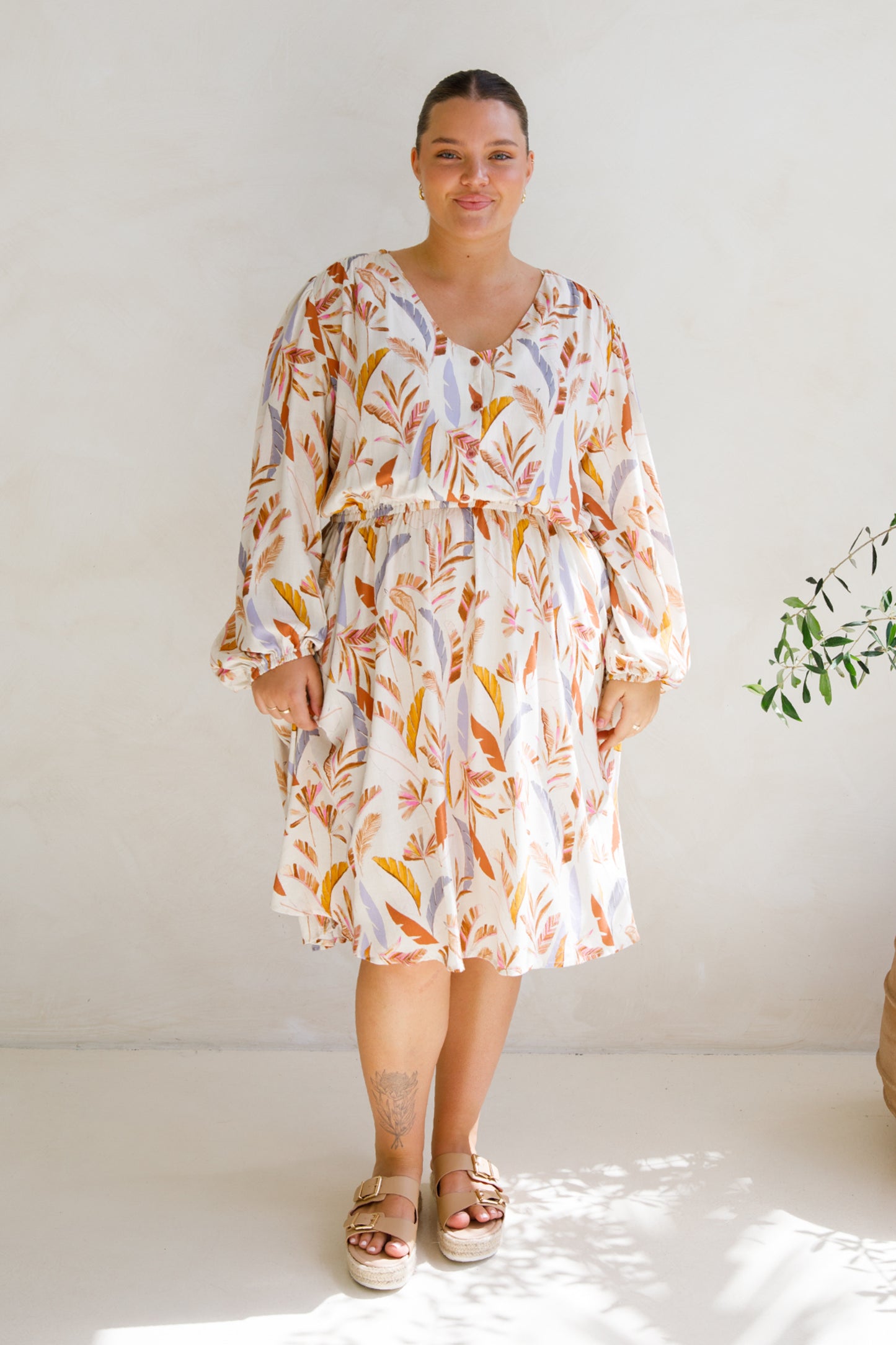 DAHLIA Rayon Long Sleeve Midi Dress | Light Palmetto | FINAL SALE