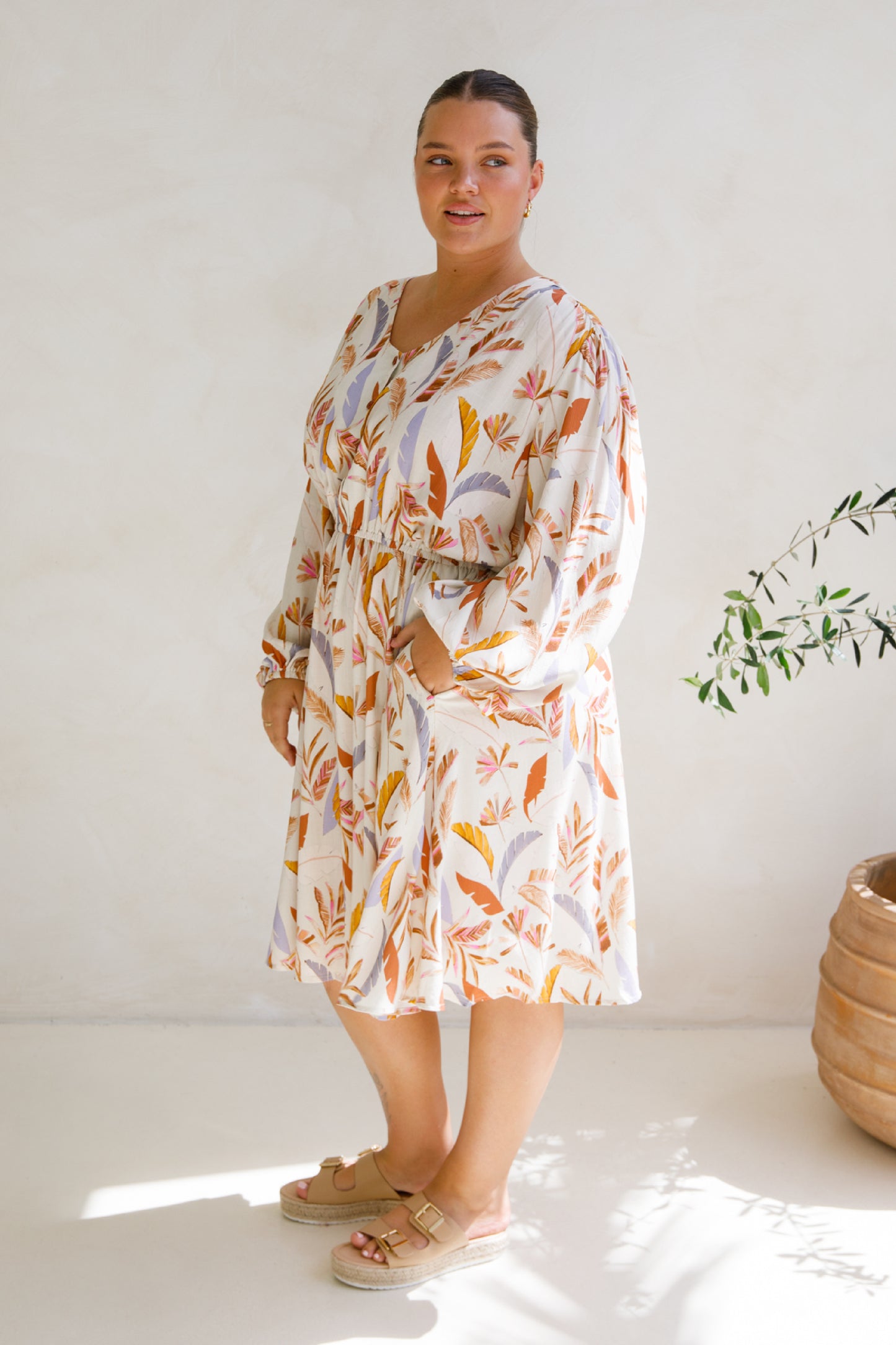 DAHLIA Rayon Long Sleeve Midi Dress | Light Palmetto | FINAL SALE