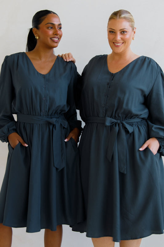 DAHLIA Rayon Long Sleeve Midi Dress | Storm | FINAL SALE
