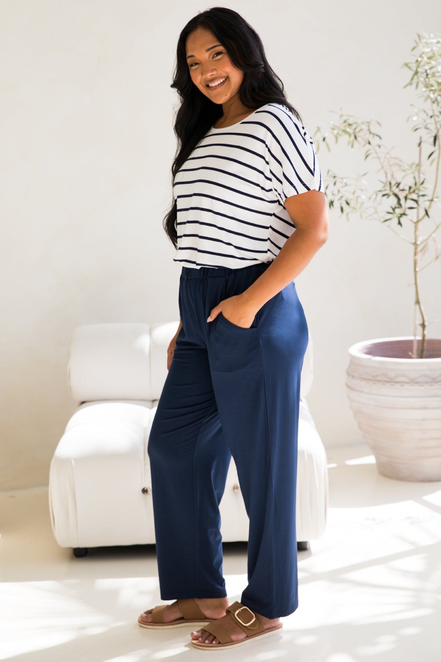 Destiny Bamboo Top | White/Navy Stripe
