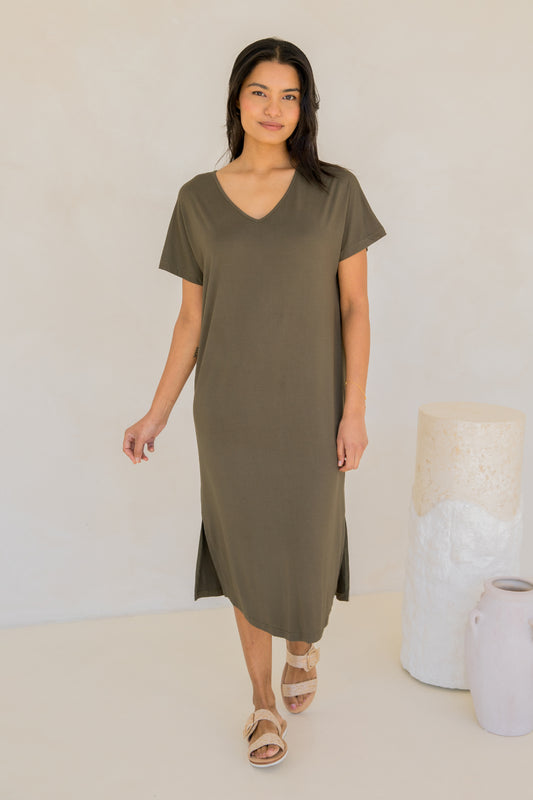 FATE Bamboo Short Sleeve Midi Dress | Moss Green | FINAL SALE