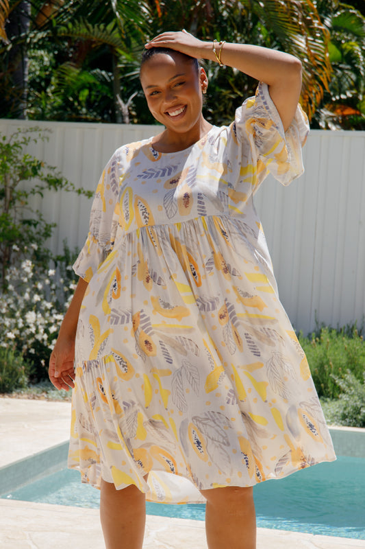 IVY Rayon Half Sleeve Classic/Midi Dress | White Fruit Punch | FINAL SALE