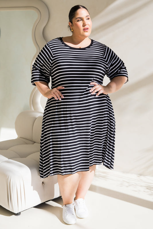 KIANA Bamboo Half Sleeve Classic Length Dress | Black/White Stripe | FINAL SALE