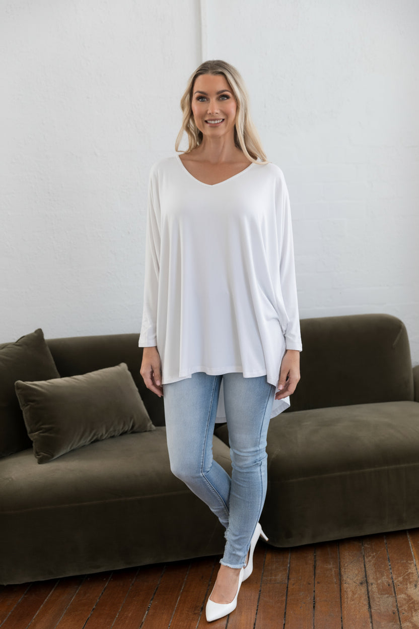 Plus-Sized White Top | PQ Collection | Long Sleeve Hi-Low Miracle Top
