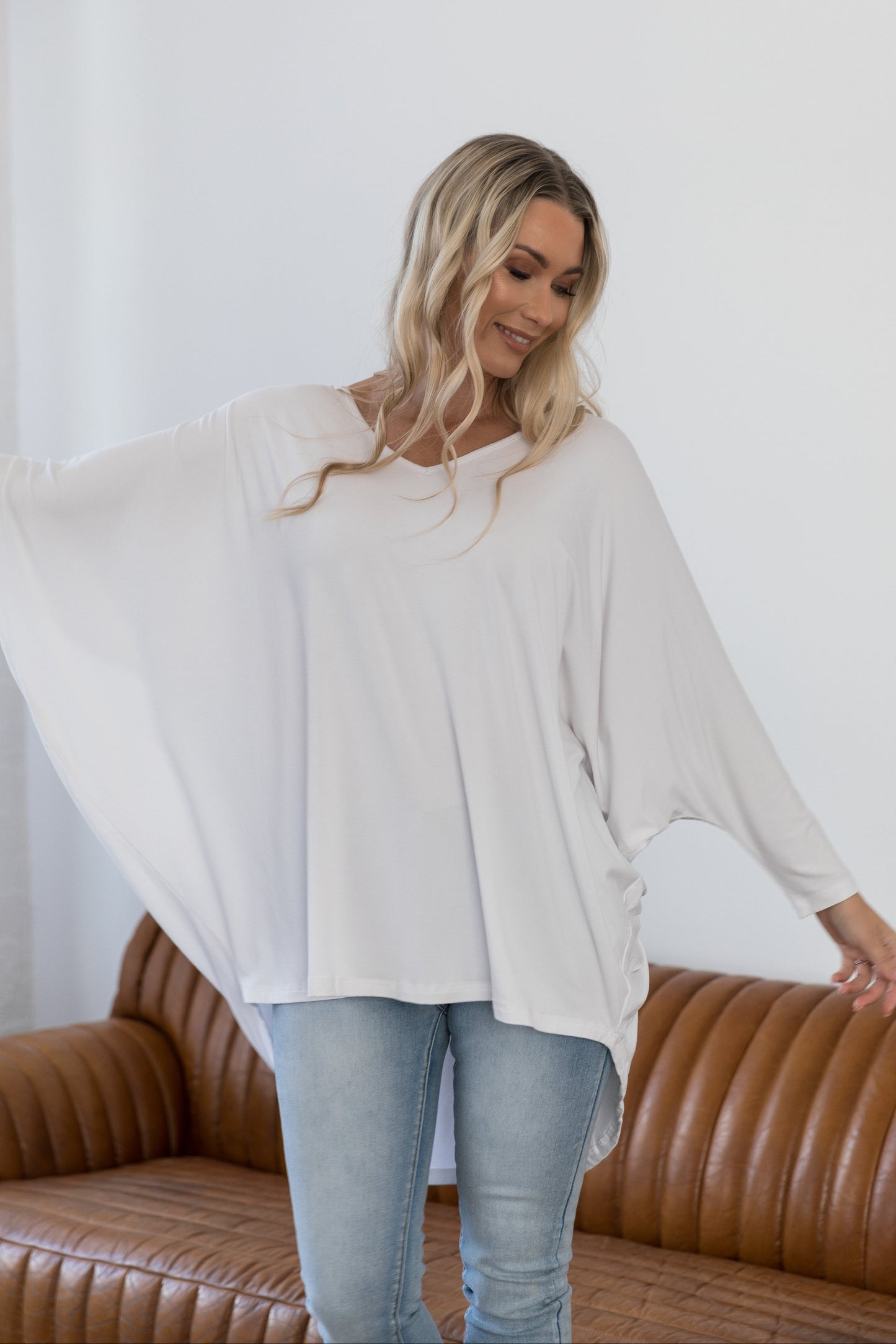 Plus-Sized White Top | PQ Collection | Long Sleeve Hi-Low Miracle Top