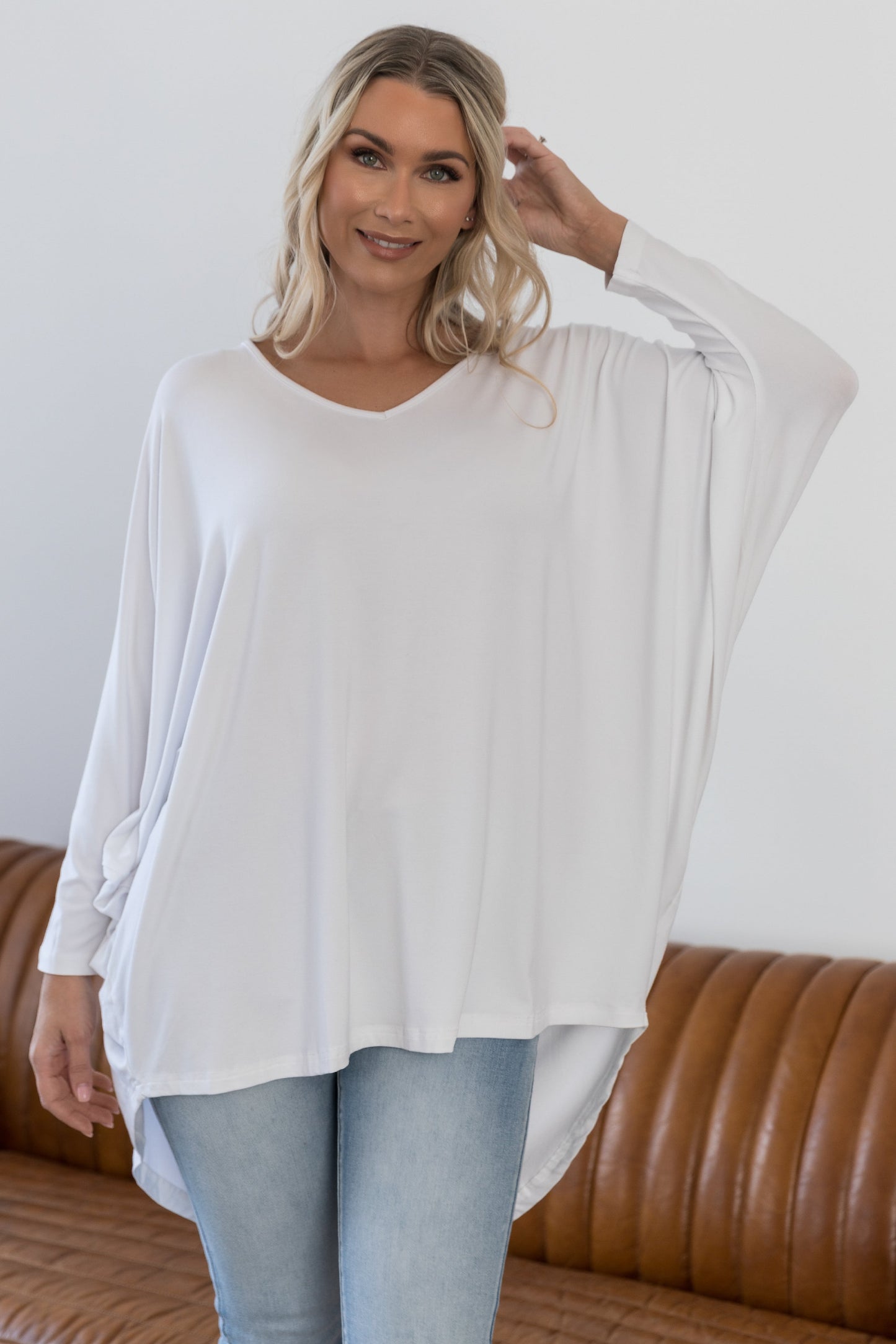 Plus-Sized White Top | PQ Collection | Long Sleeve Hi-Low Miracle Top