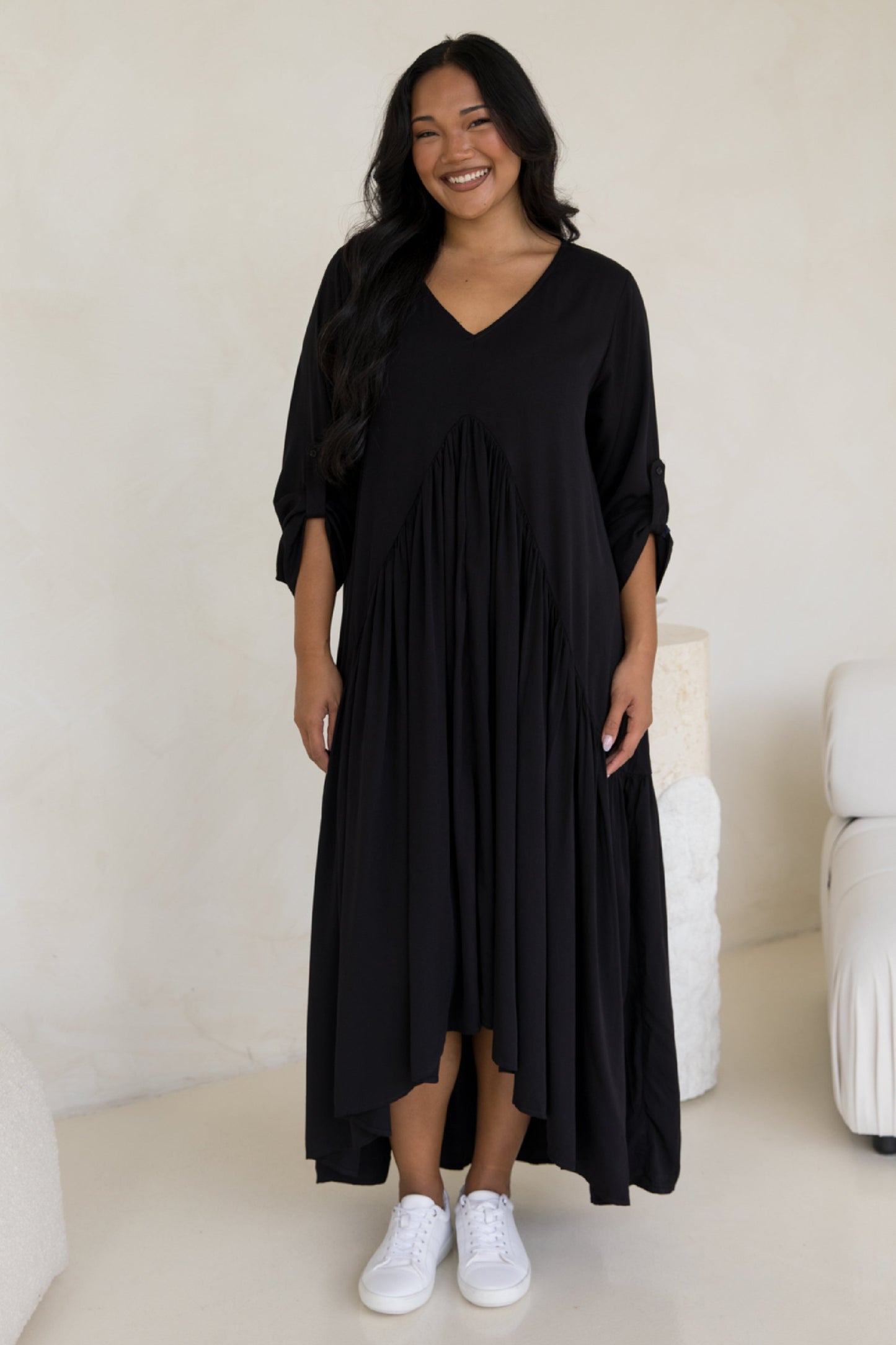 Long Sleeve Peak Maxi Dress | Black