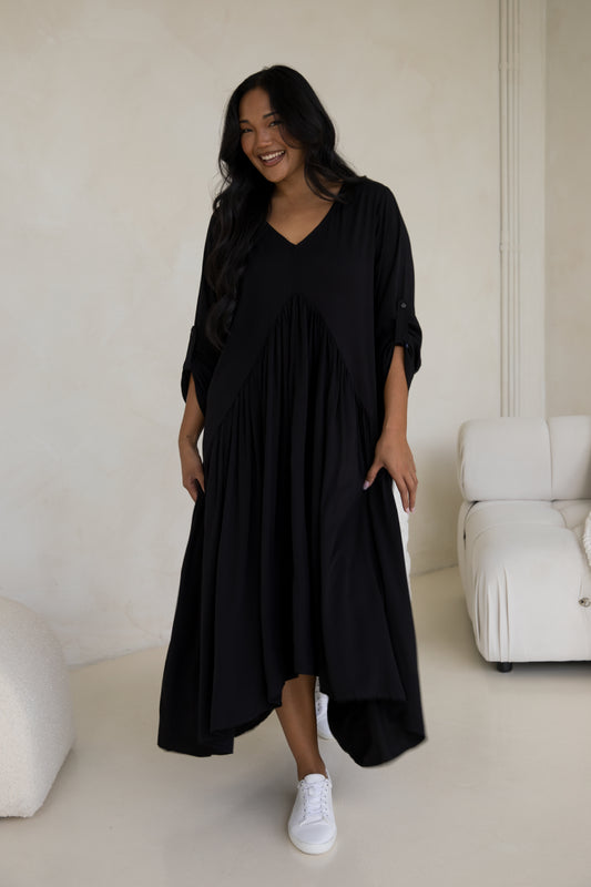 Long Sleeve Peak Maxi Dress in Black