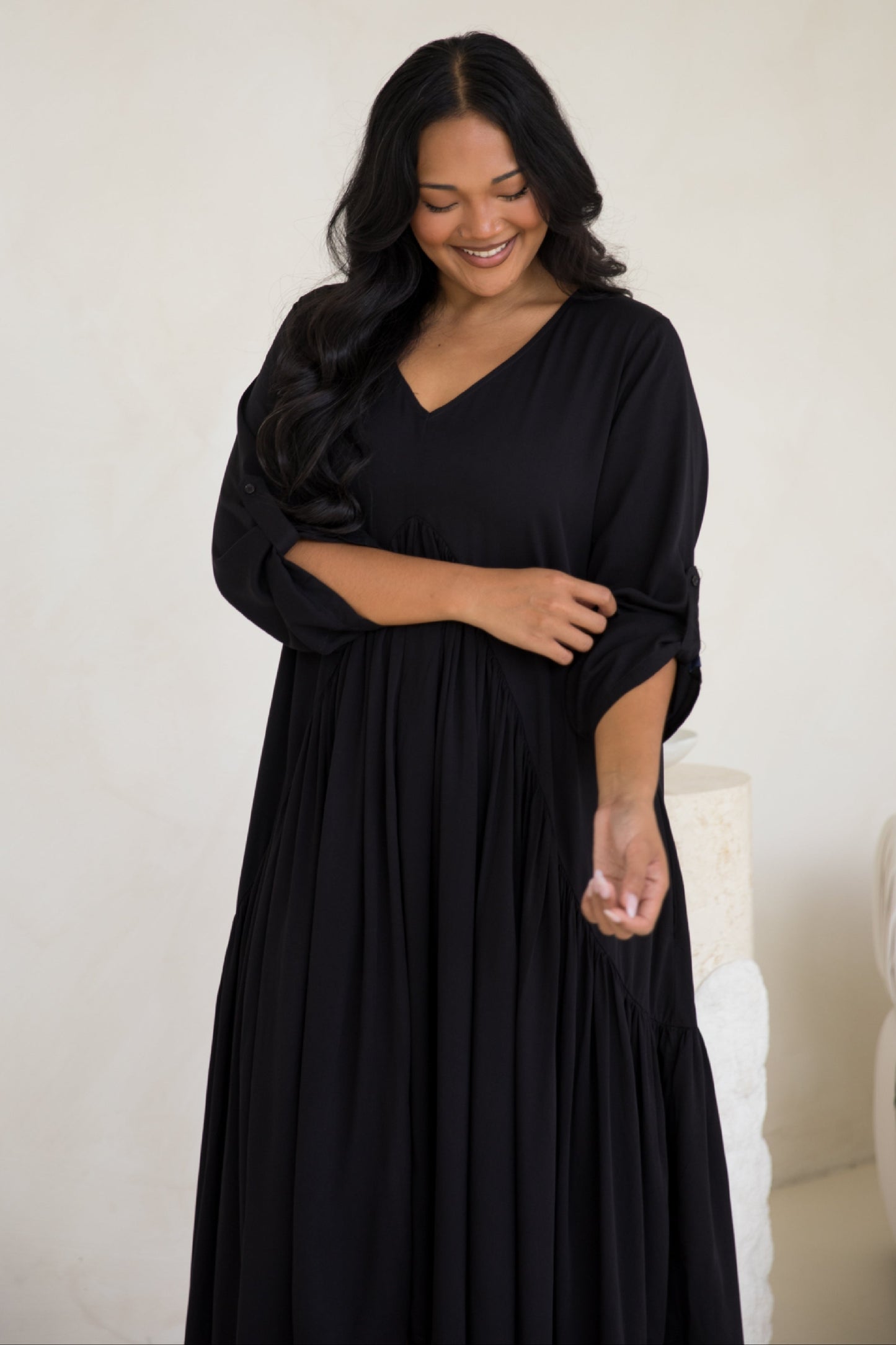 Long Sleeve Peak Maxi Dress | Black