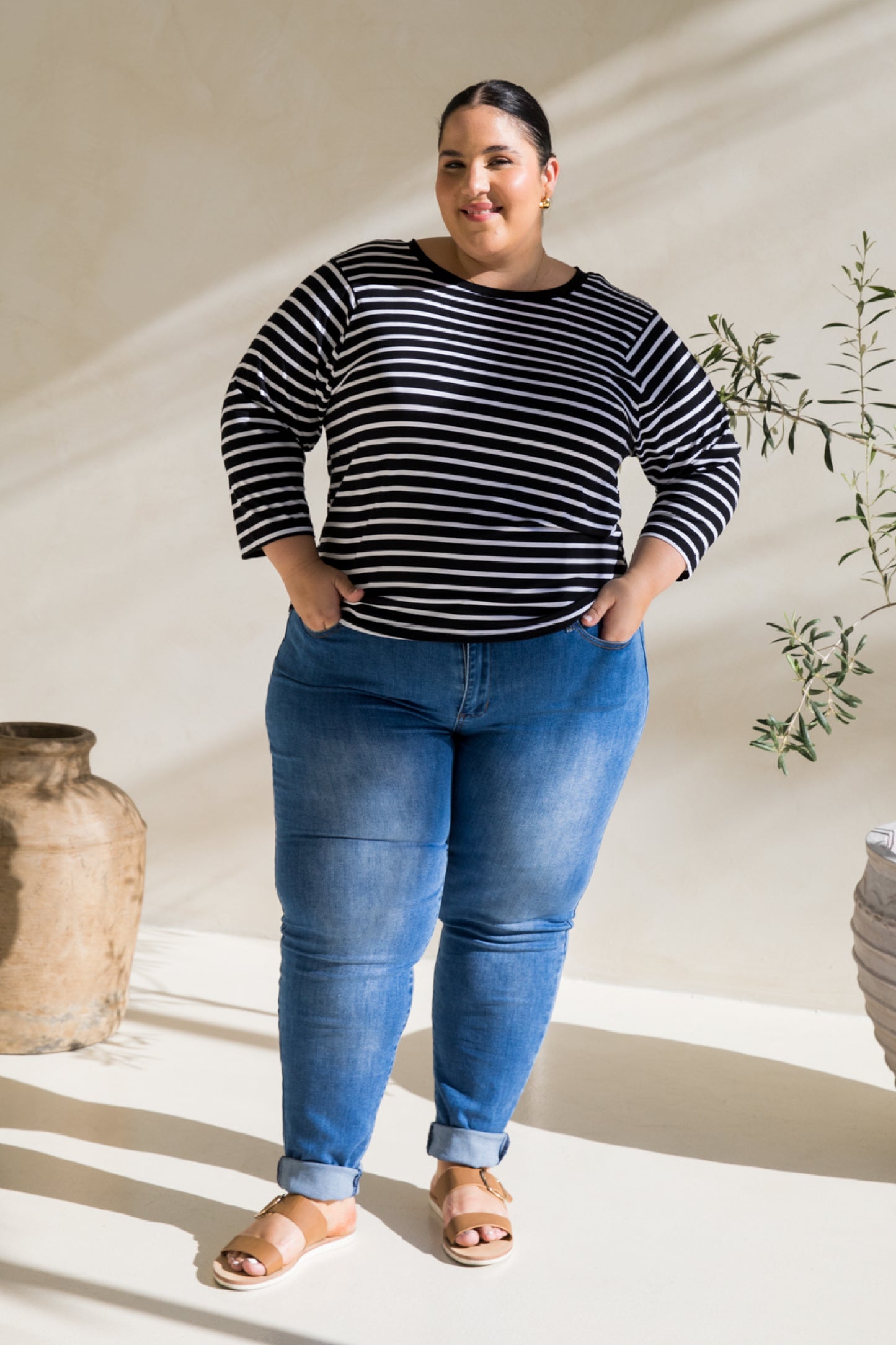 Long Sleeve Hi Low Kiana Top | Black/White Stripe