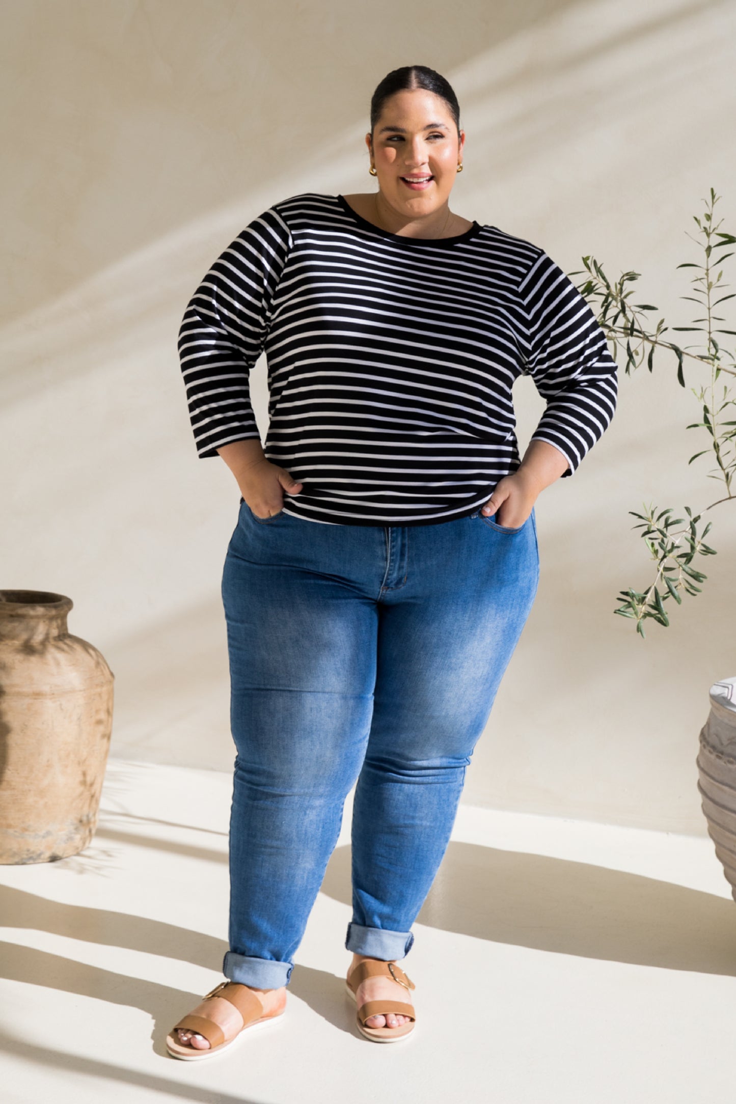 Long Sleeve Hi Low Kiana Top | Black/White Stripe | FINAL SALE