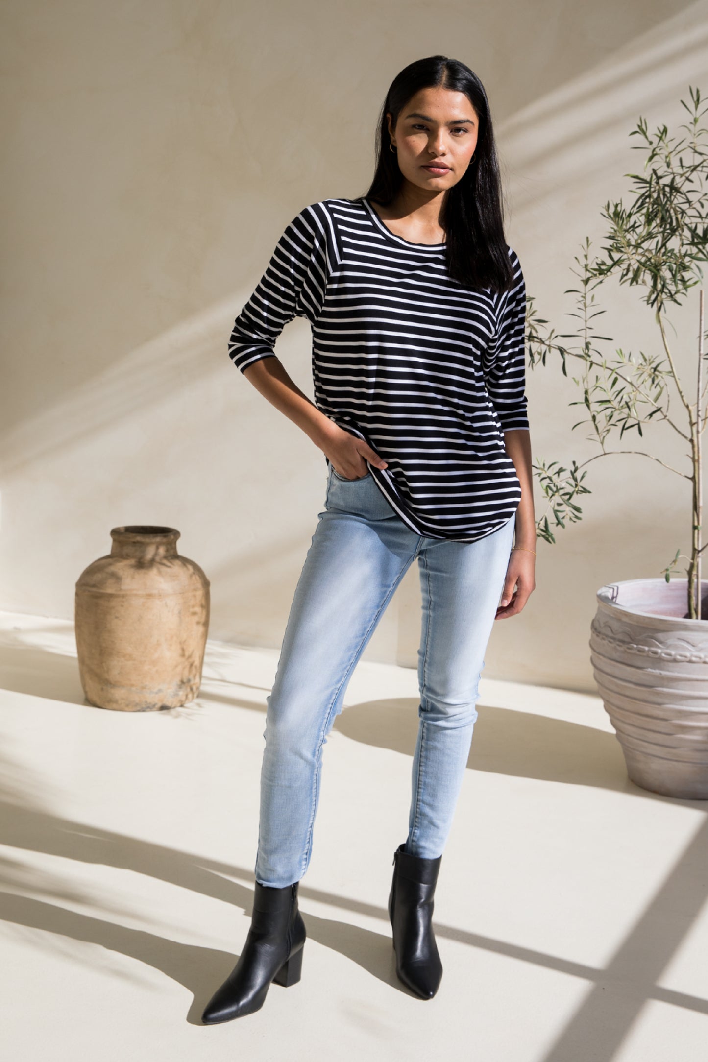 Long Sleeve Hi Low Kiana Top | Black/White Stripe | FINAL SALE