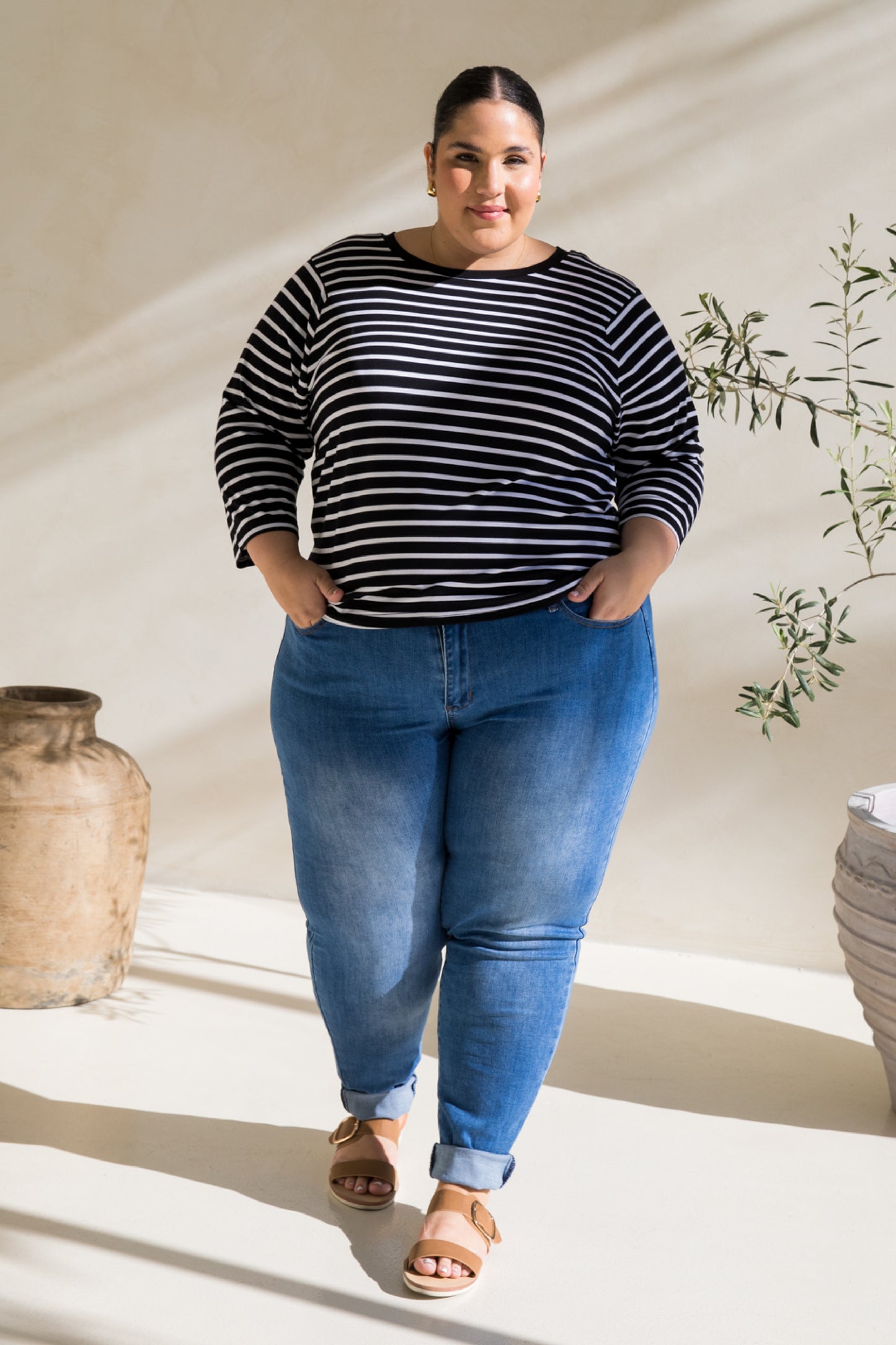 Long Sleeve Hi Low Kiana Top | Black/White Stripe | FINAL SALE