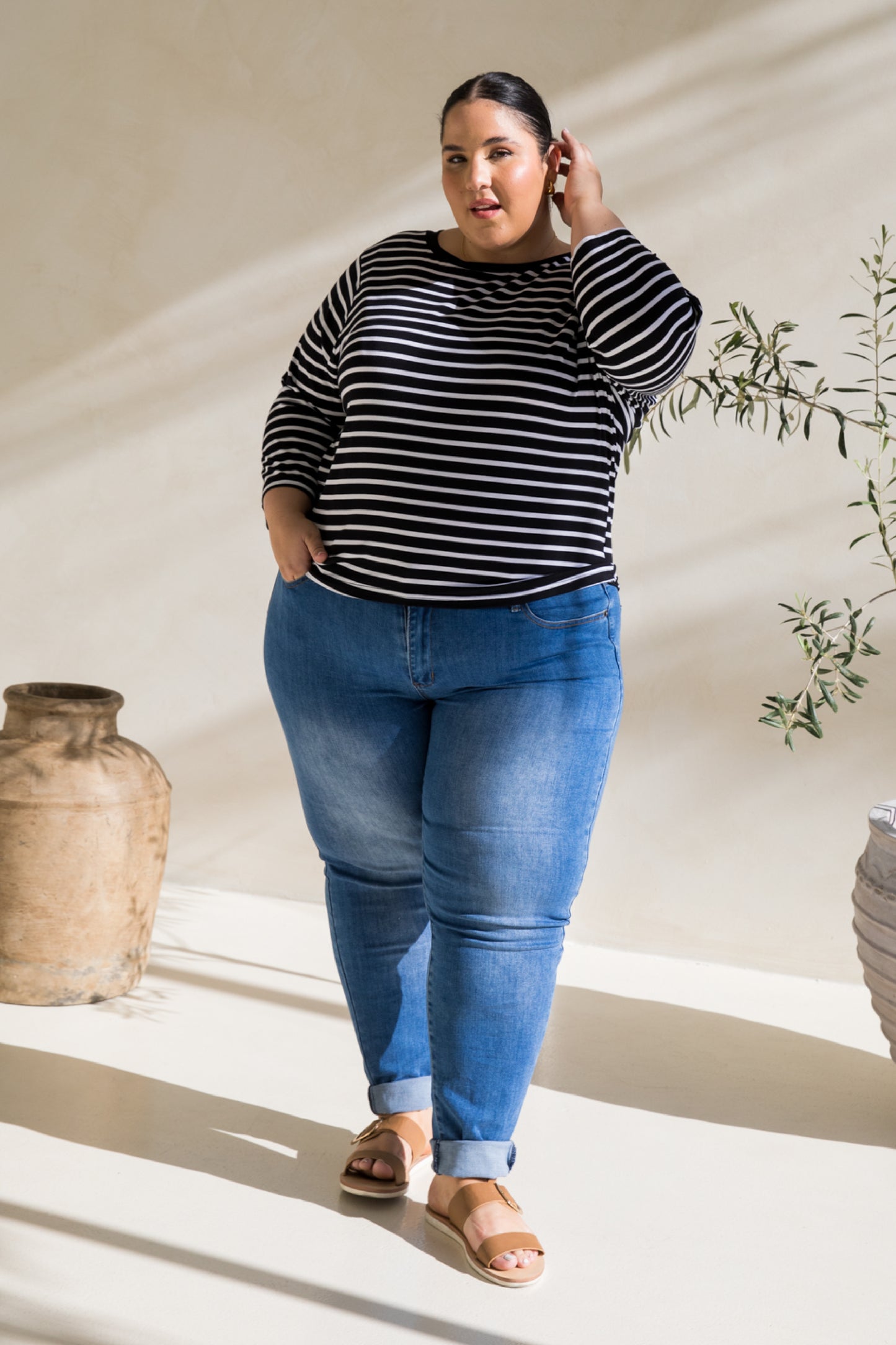 Long Sleeve Hi Low Kiana Top | Black/White Stripe