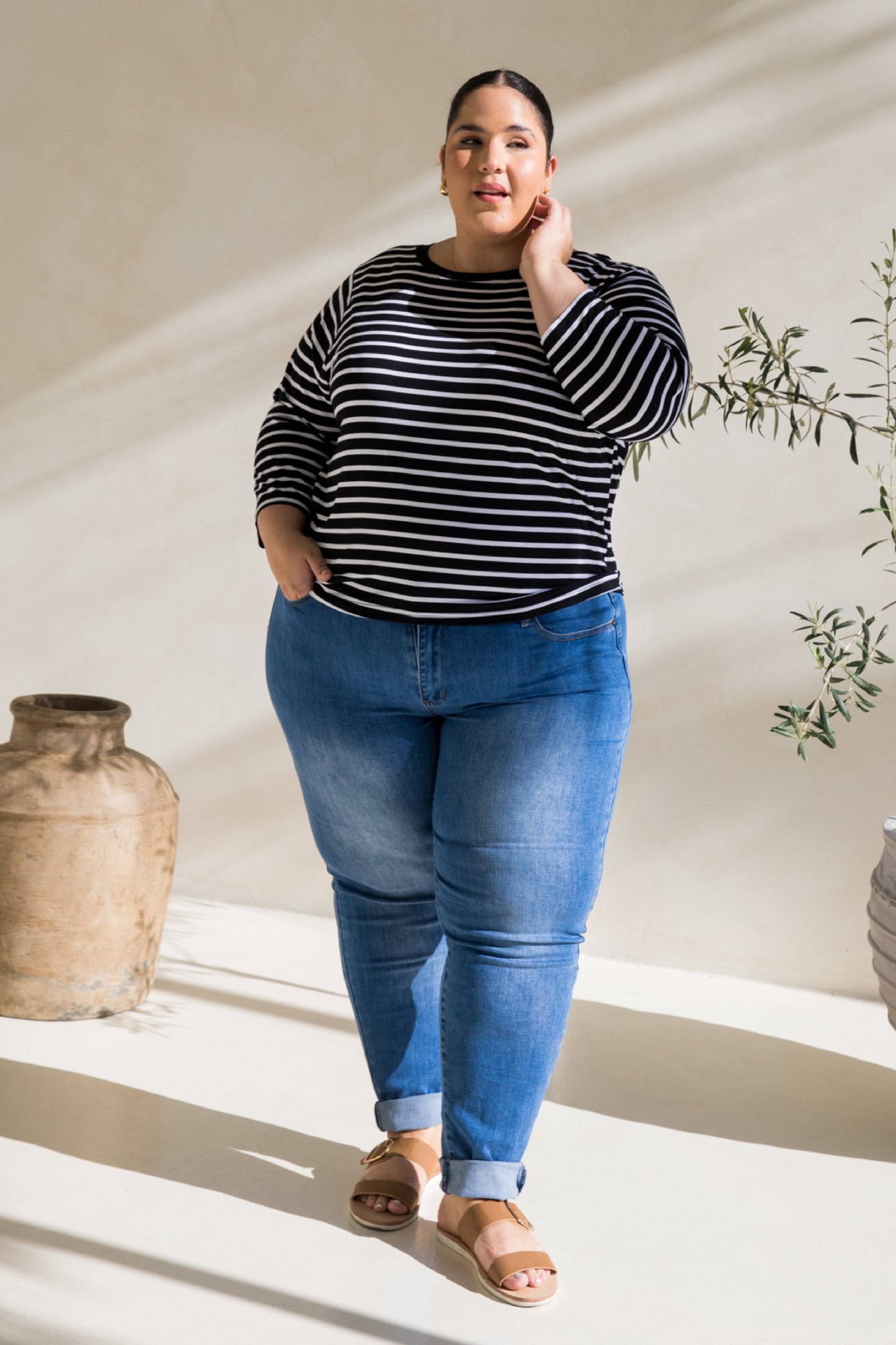Long Sleeve Hi Low Kiana Top | Black/White Stripe