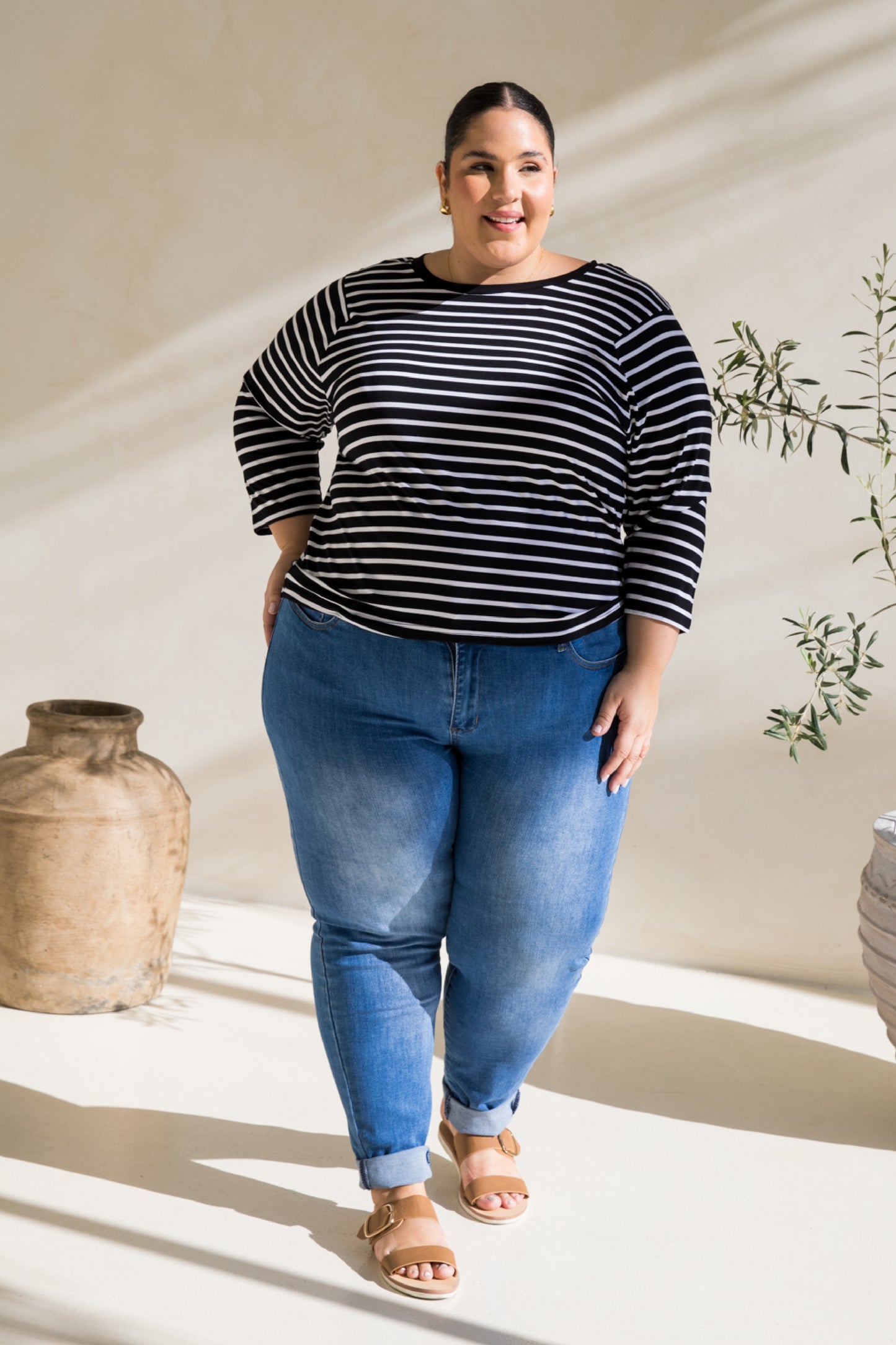 Long Sleeve Hi Low Kiana Top | Black/White Stripe