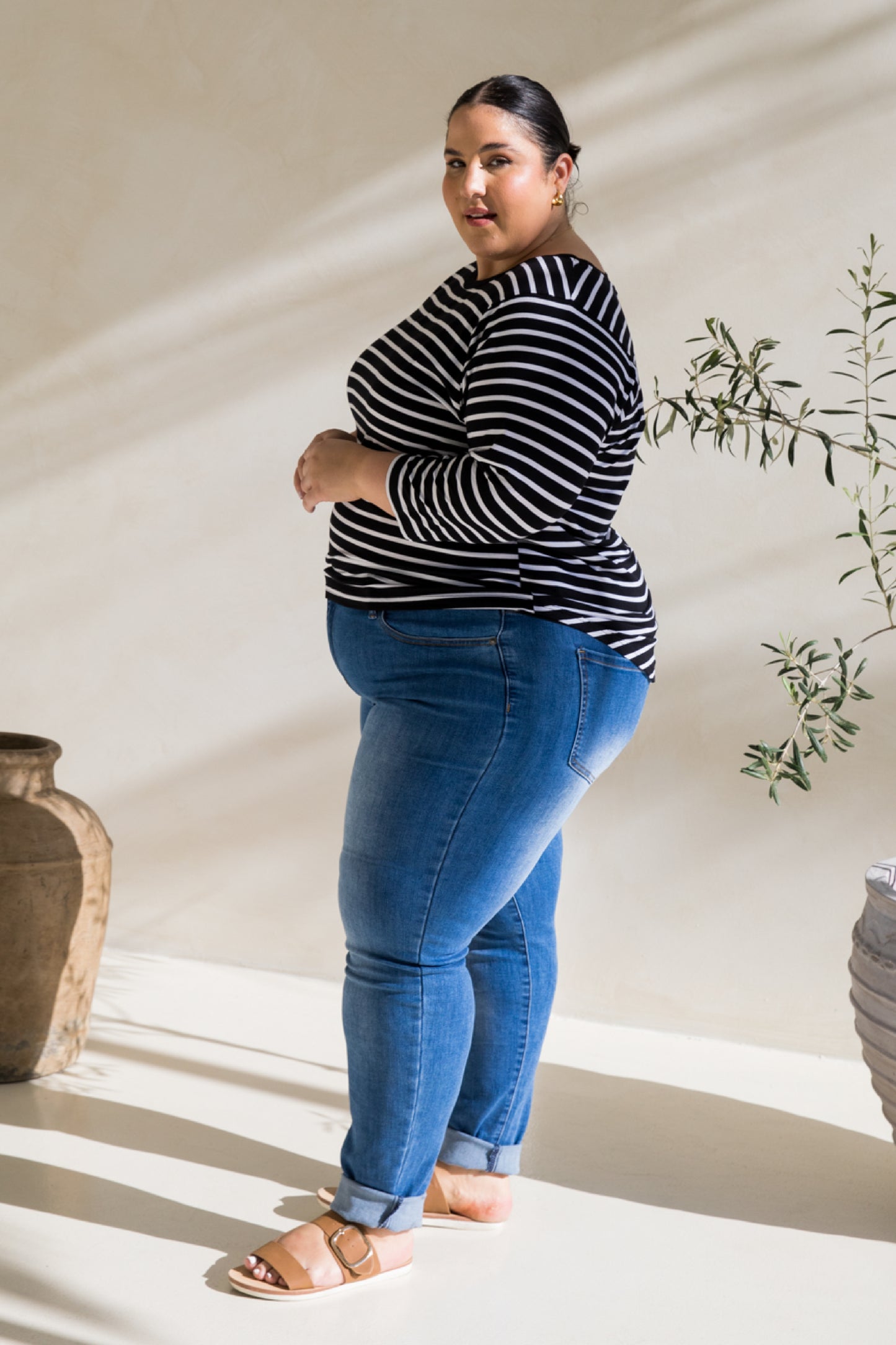Long Sleeve Hi Low Kiana Top | Black/White Stripe