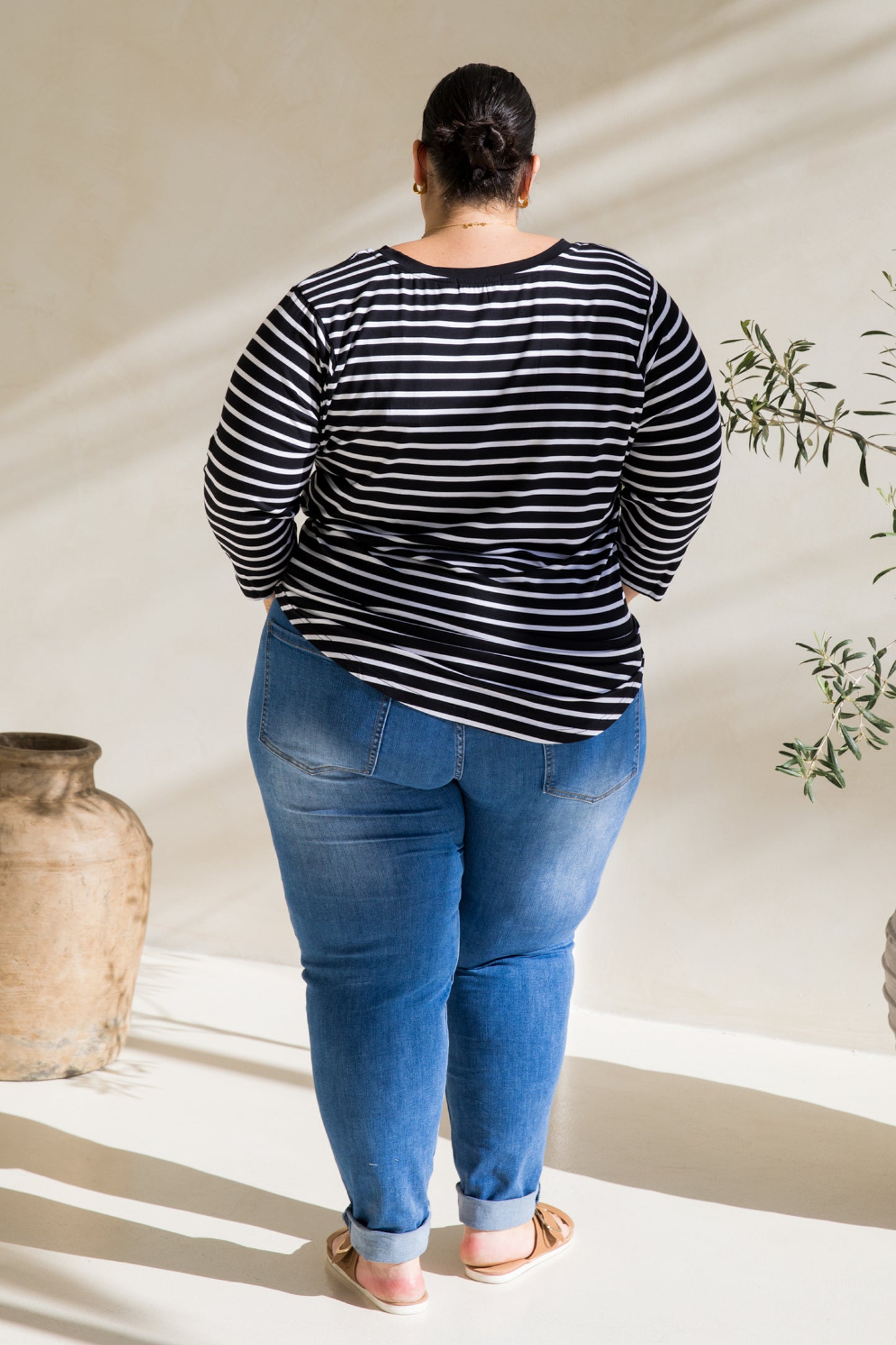 Long Sleeve Hi Low Kiana Top | Black/White Stripe
