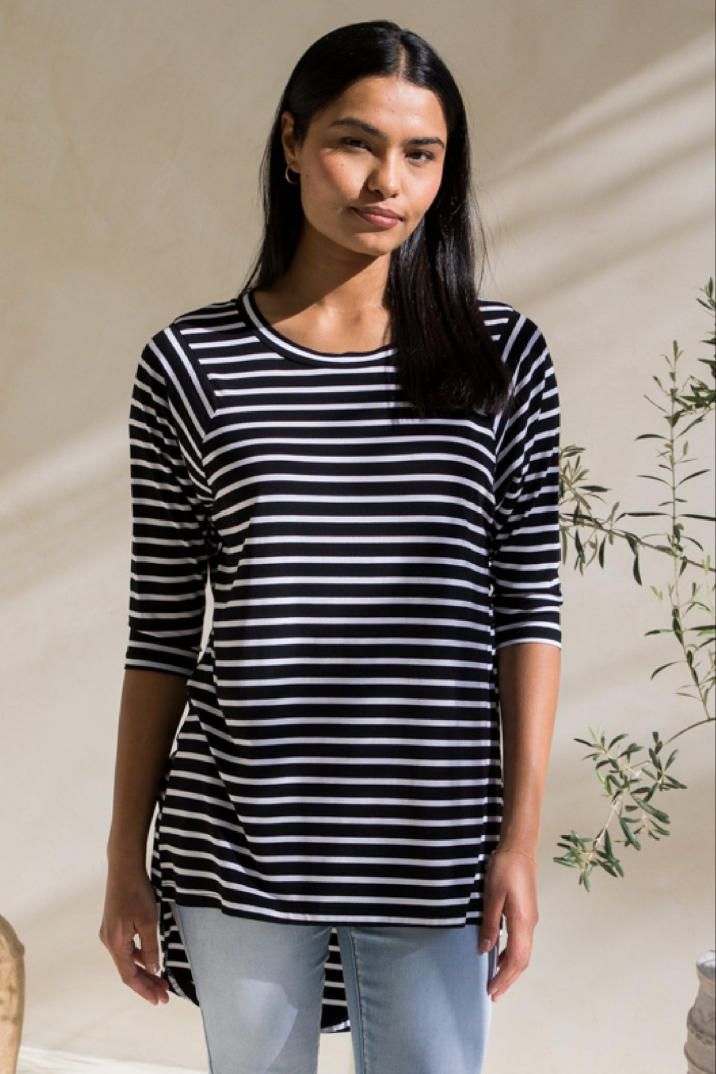 Long Sleeve Hi Low Kiana Top | Black/White Stripe | FINAL SALE