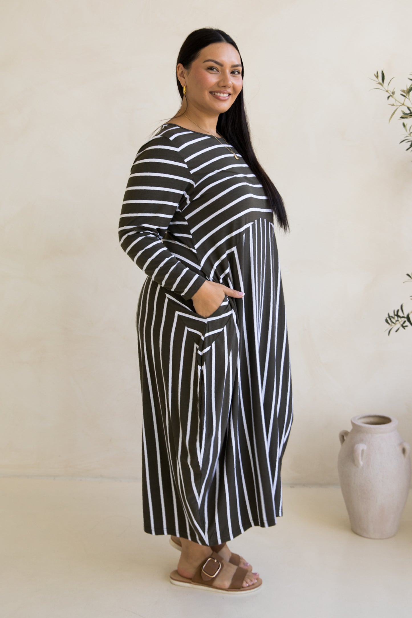 Long Sleeve Soho Dress | Moss Green/White Stripe