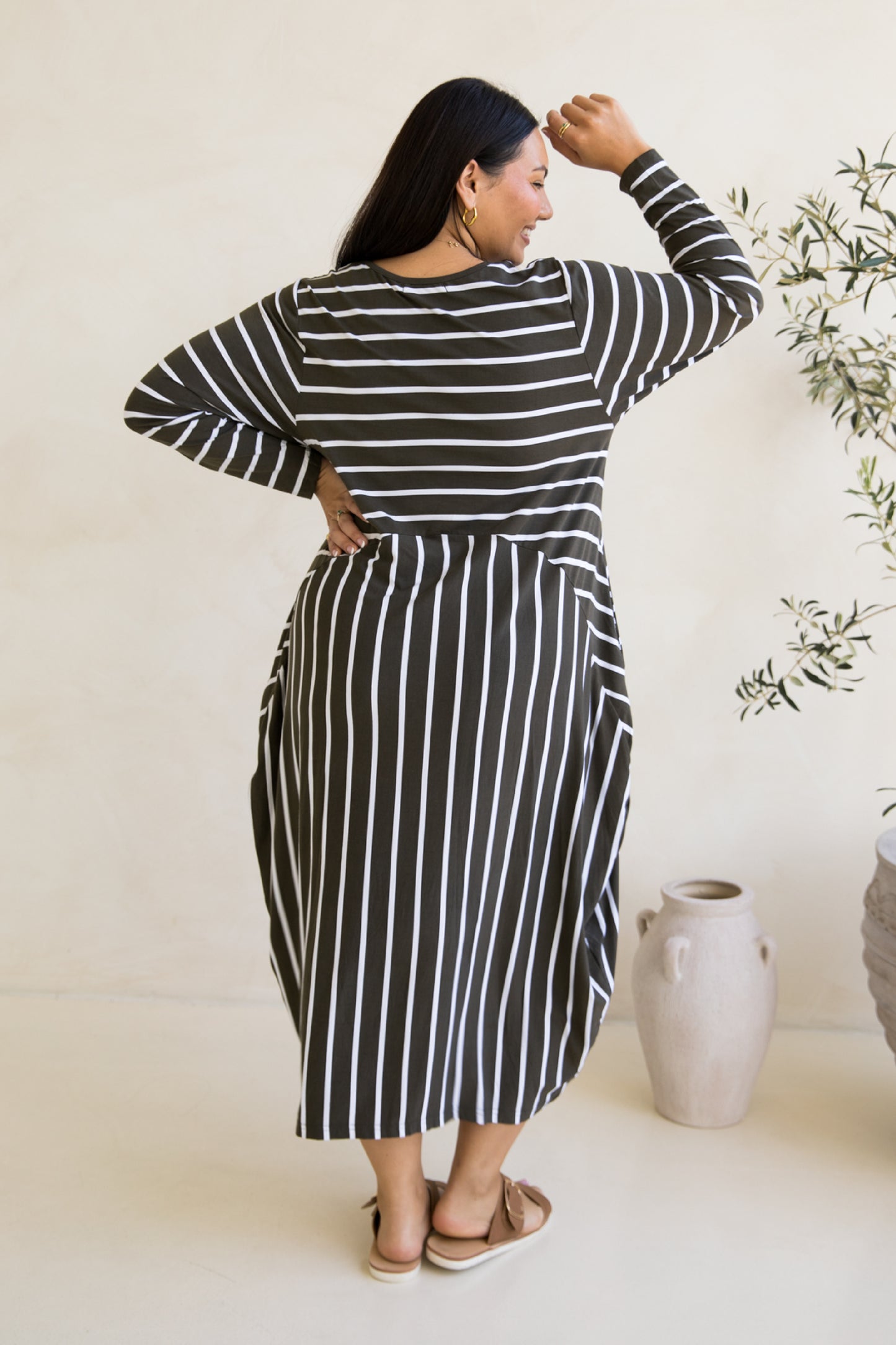 Long Sleeve Soho Dress | Moss Green/White Stripe