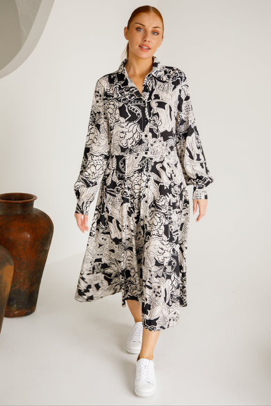 MARGOT Rayon Long Sleeve Midi Dress | Flora Noir