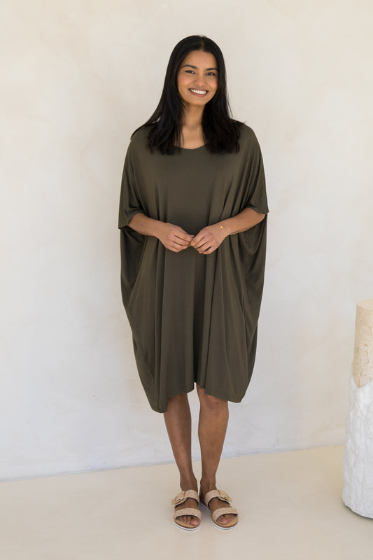 NICE Bamboo Short Sleeve Classic Length Dress| Moss Green | FINAL SALE