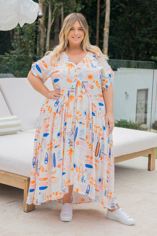 PEAK Rayon Short Sleeve Hi Lo Maxi Dress | Surf's Up | FINAL SALE