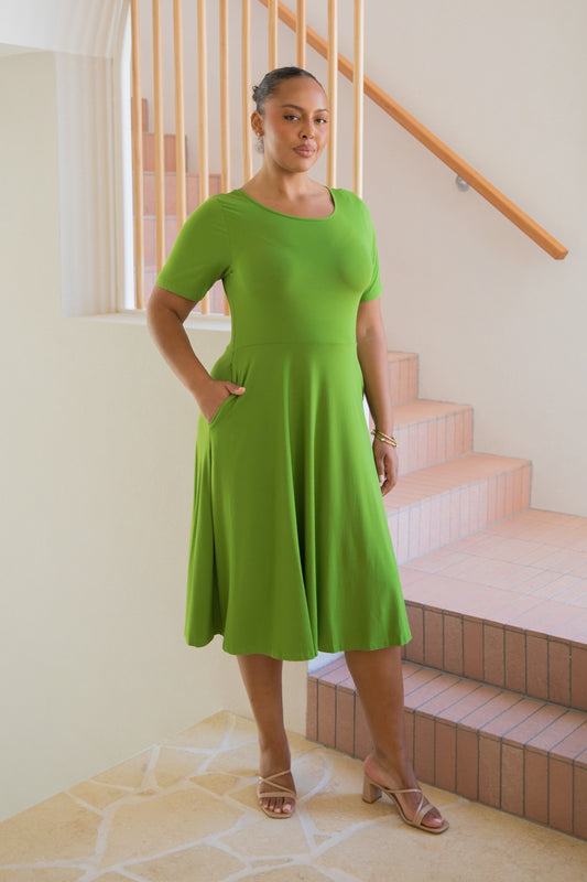 PENELOPE Bamboo Short Sleeve Classic/Midi Dress | Cucumber Martini | FINAL SALE