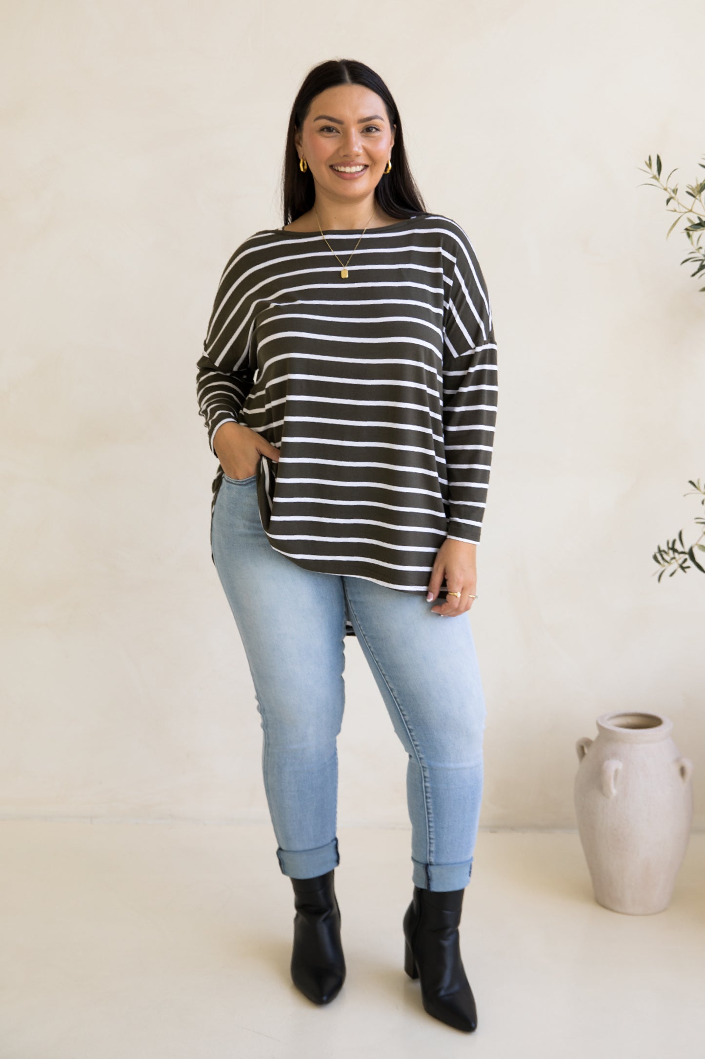 Pippa Top | Moss Green/White Stripe