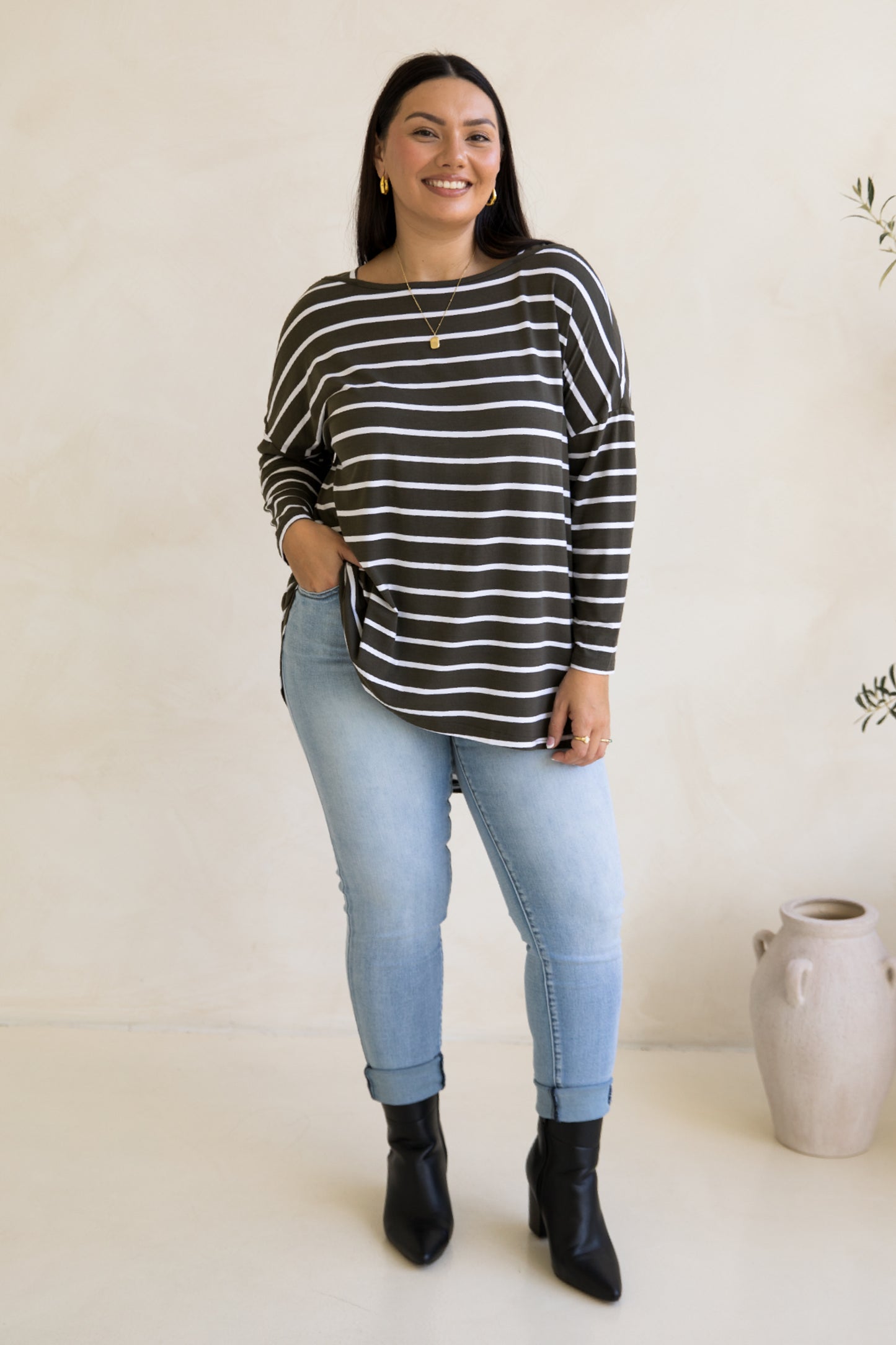 Pippa Top | Moss Green/White Stripe
