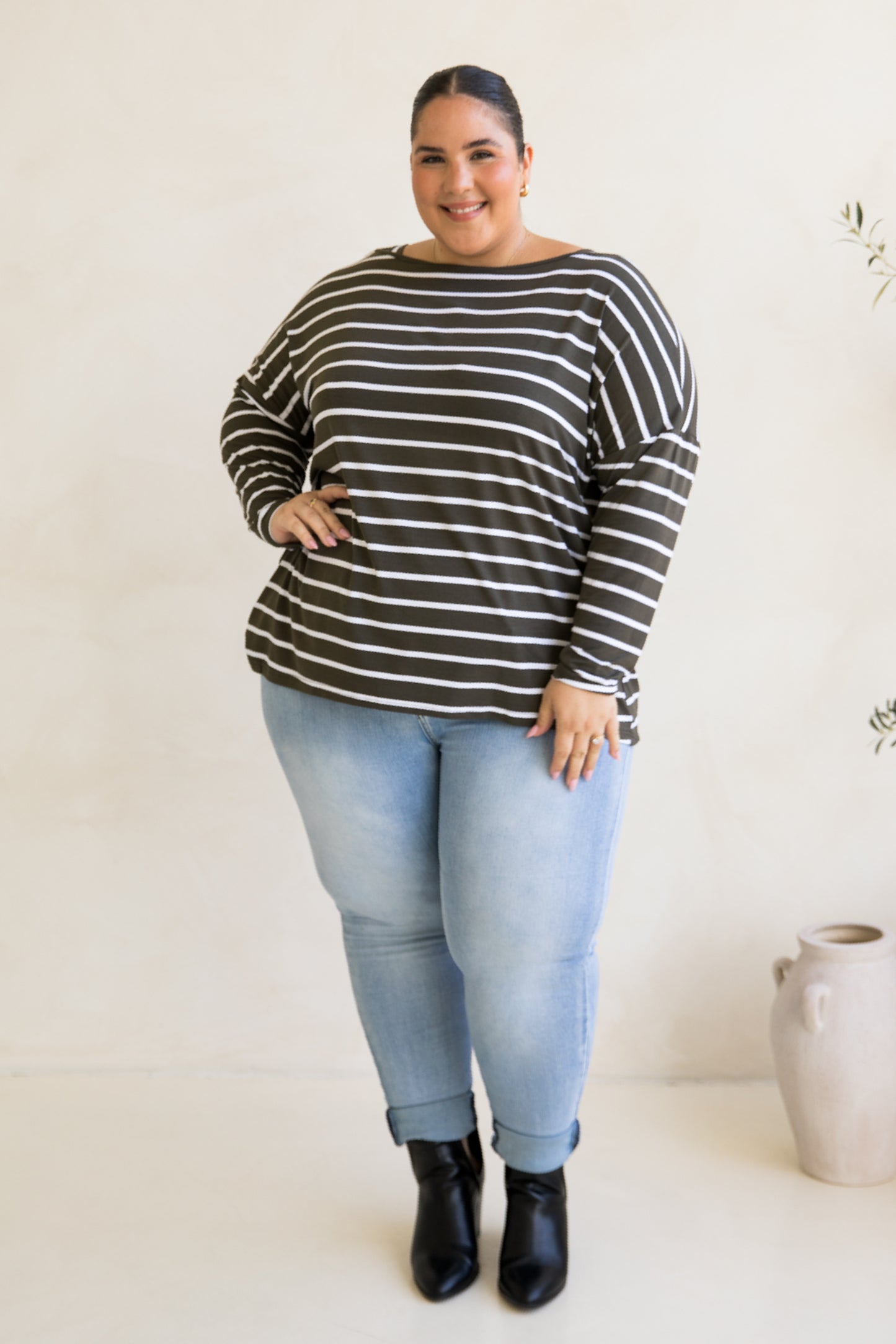 Pippa Top | Moss Green/White Stripe